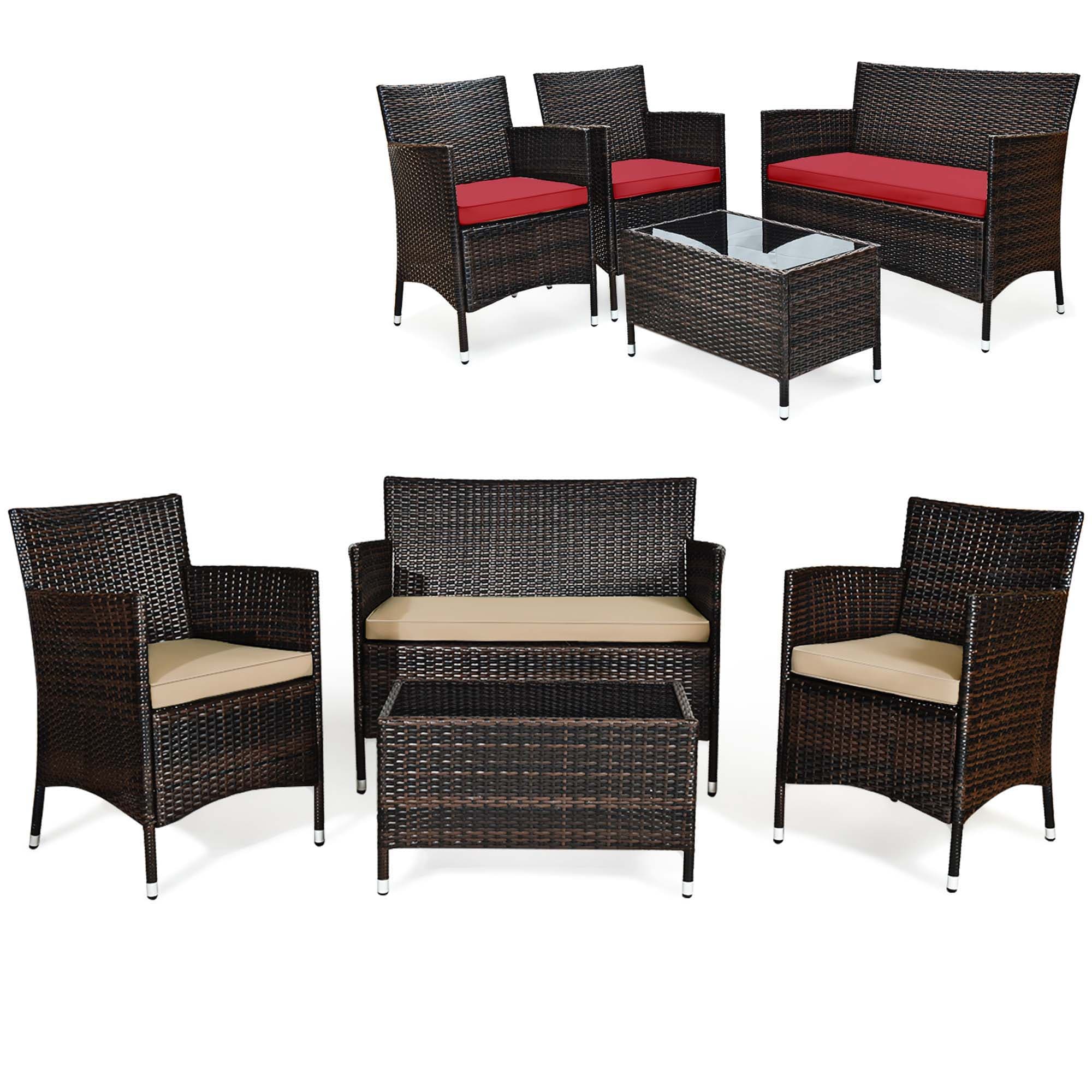 Costway HW67772BR 4 -Piece Rattan 2 Patio Sofa Conversation Set with Red Cushions