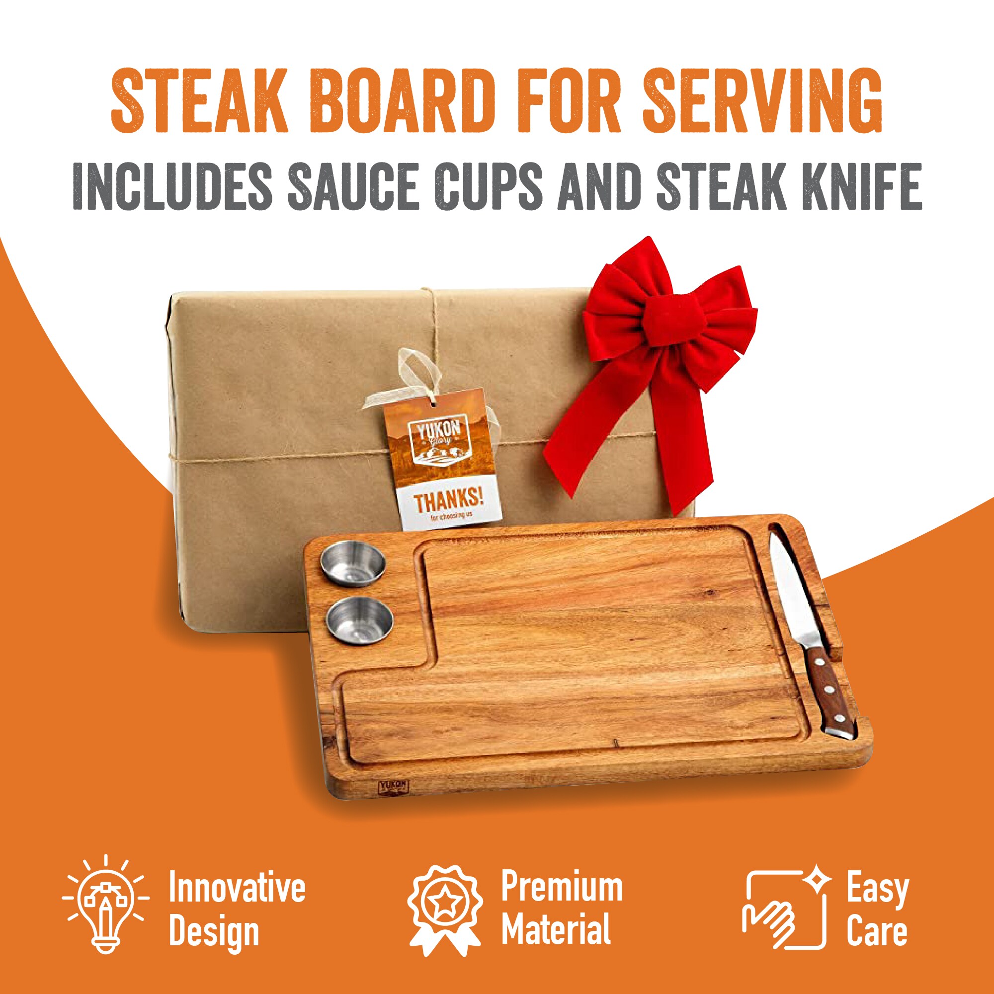 Premium Acacia Wood Rectangular Steak Board Set with Knife and Cups