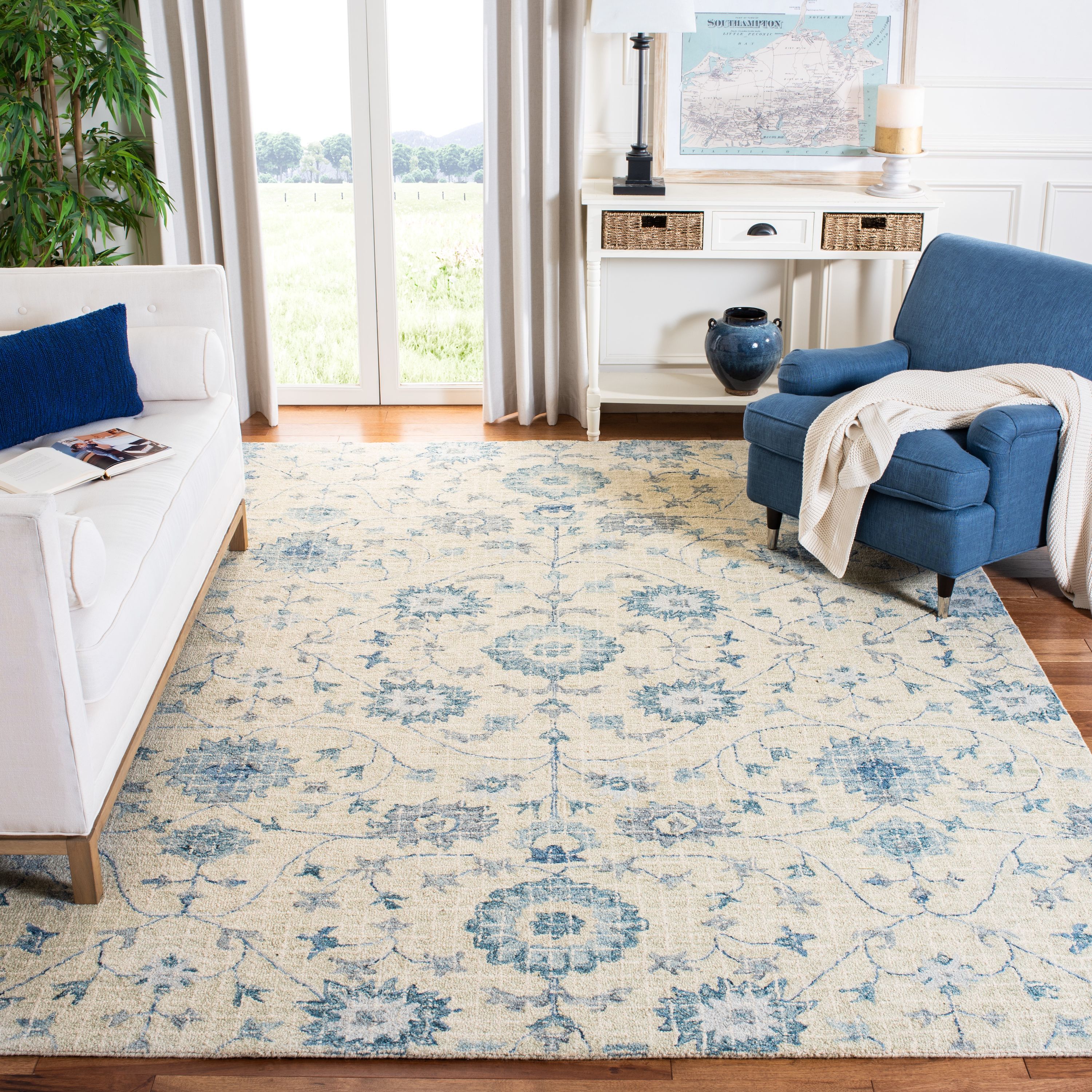 Handmade Tufted Blue Floral Wool Fur Reversible Rug 4' x 6'