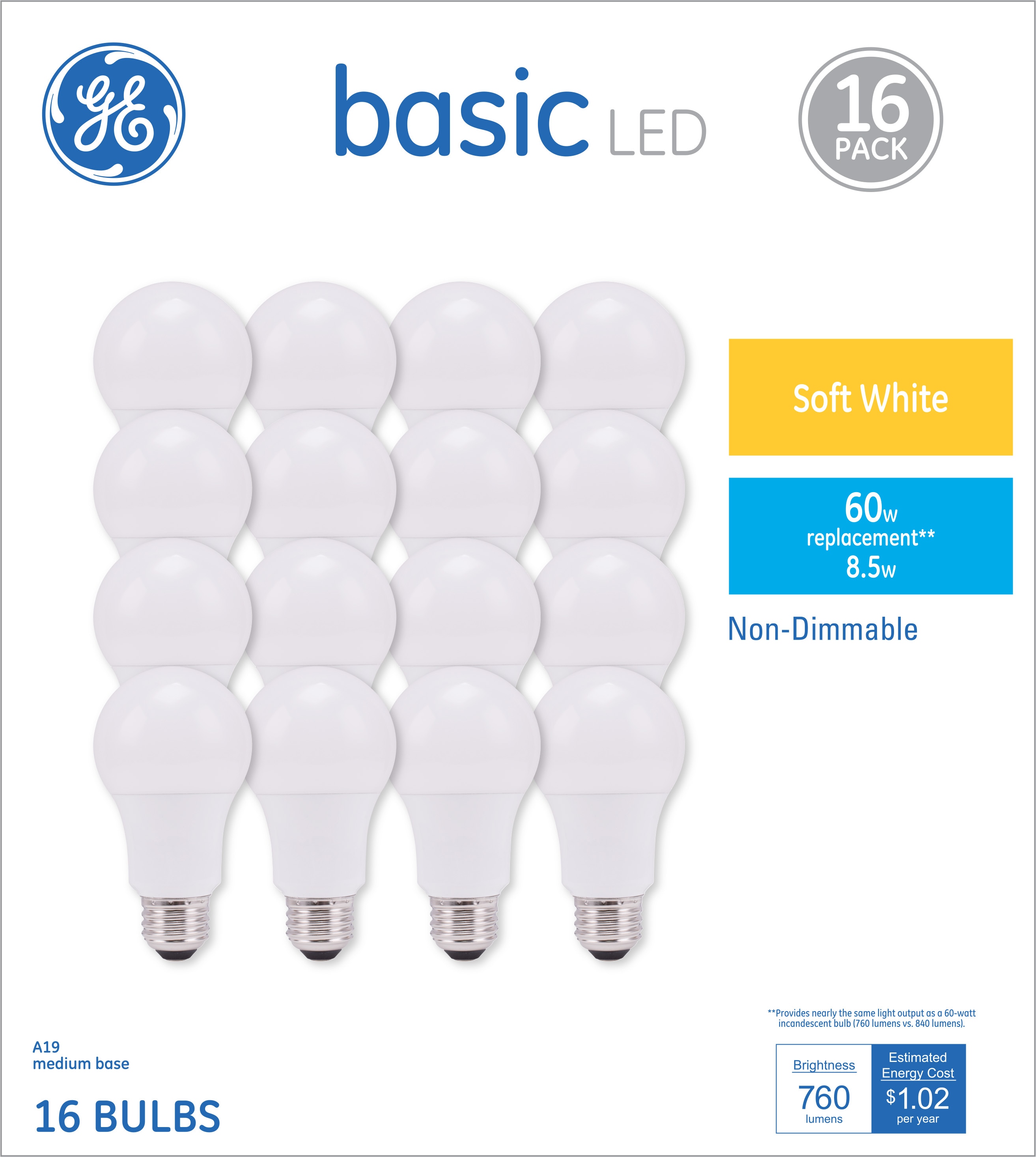 16 GE Basic 60-Watt A19 Soft White LED Light Bulb 16 BULBS use 10 watts Dimmable 