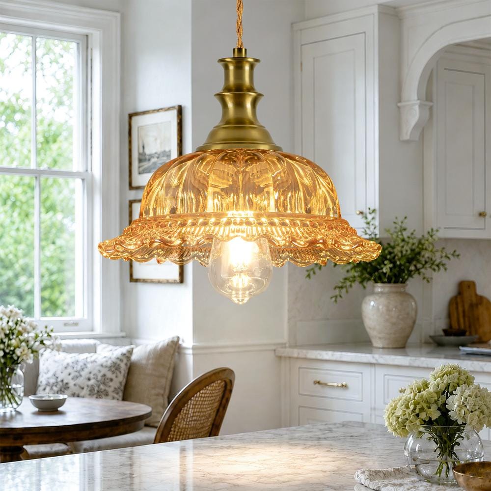 Henveton Jasslynn 9.84in1-Light Brass Vintage Adjustable Pendant Light with Amber Floral Glass Shade for KitchenIsland Living room