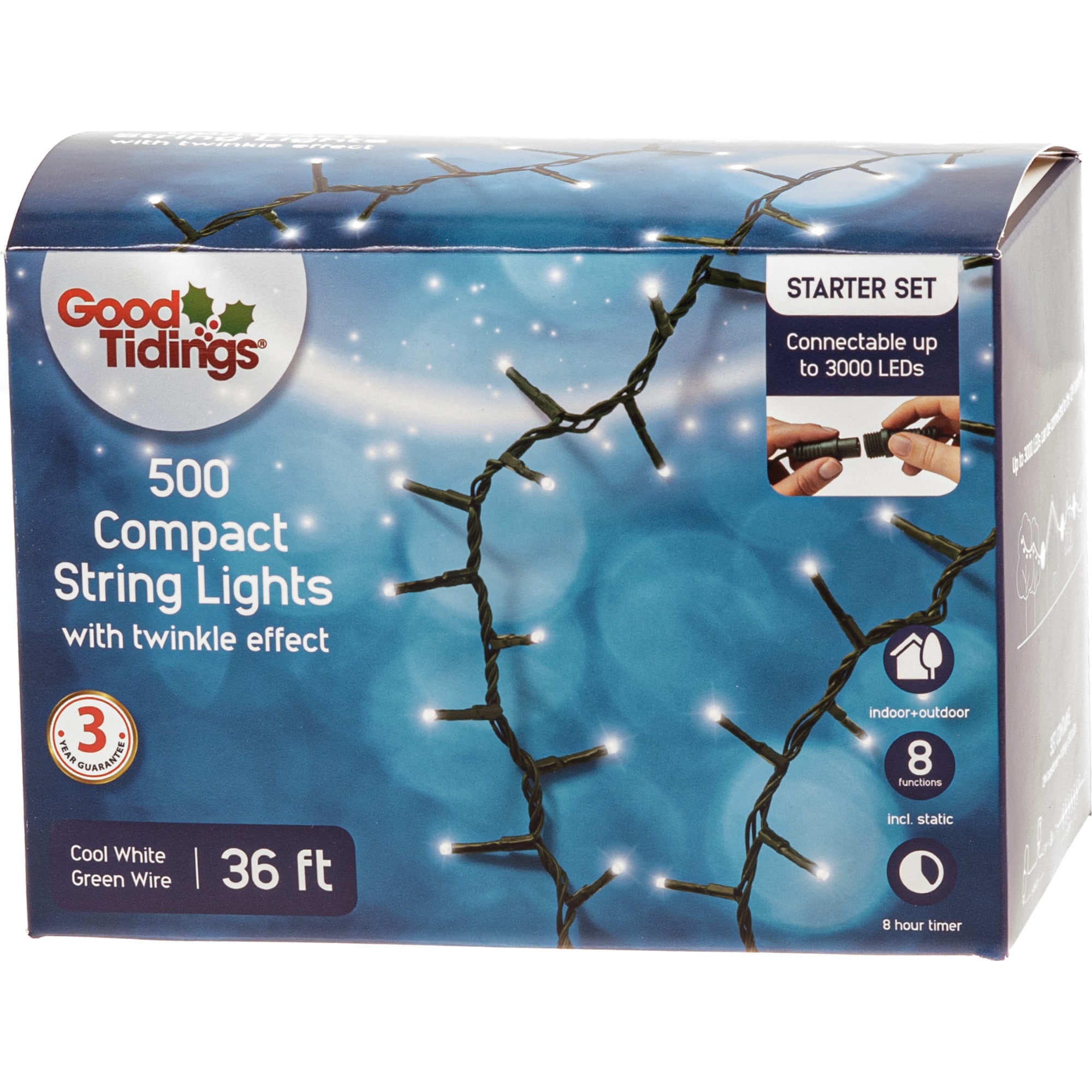  9957615X 500 -Count 36-Feet Twinkling White LED Plug-In Christmas String Lights Timer