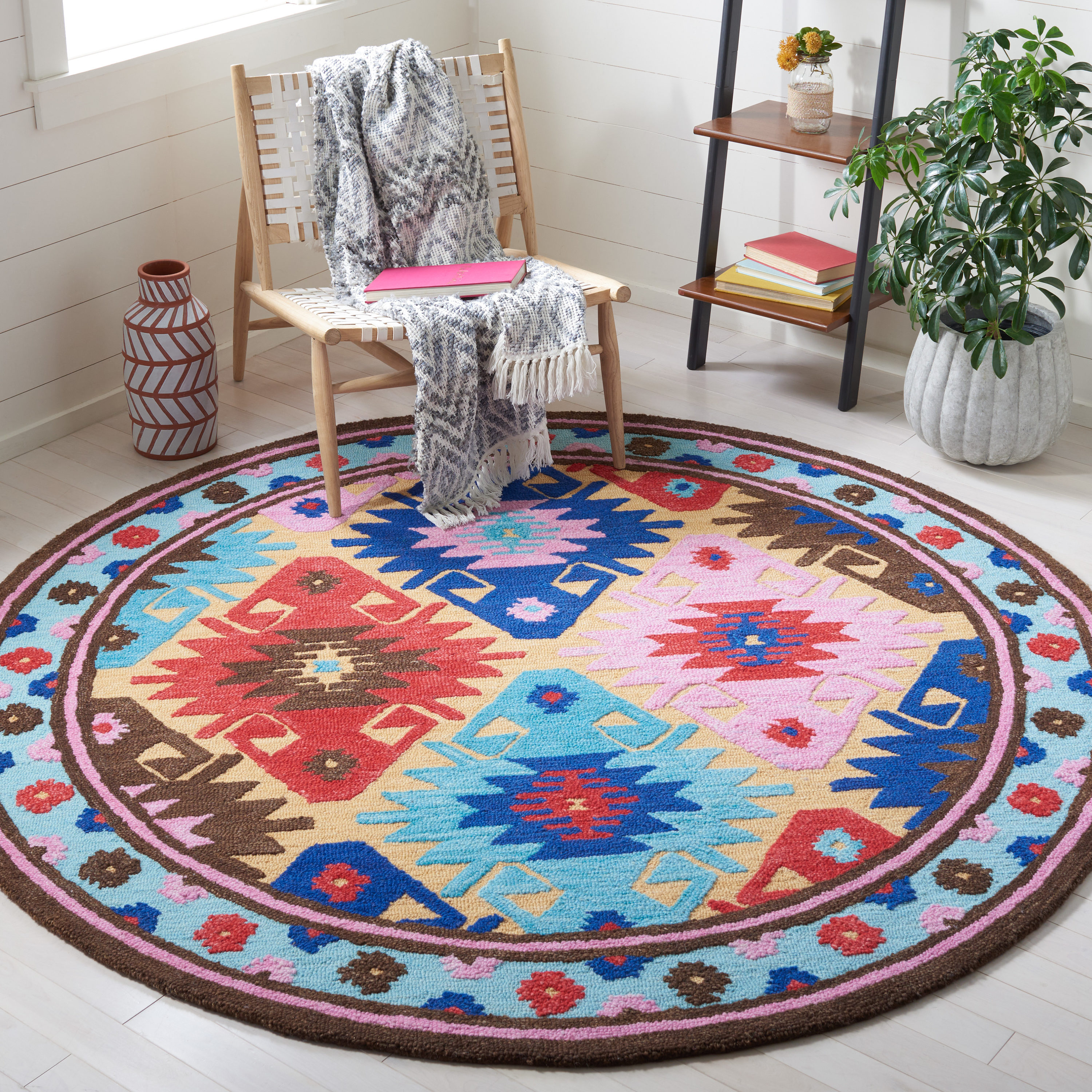 Handmade Tufted Geometric Blue Wool Round Rug 7'