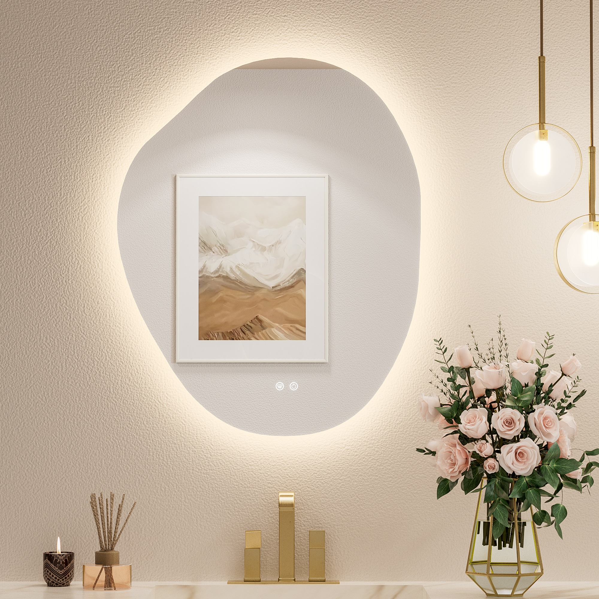 Keonjinn LW-DJ-BB-6176 24-in x 30-in Polished Frameless Irregular Dimmable LED Lighted Fog Free Bathroom Vanity Mirror ( Clear )