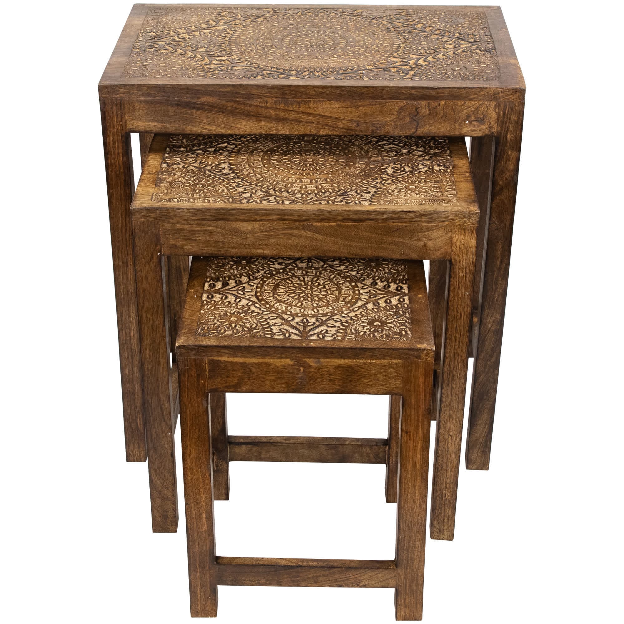 Set of 3 Walnut Brown Stackable Mandala Nesting Tables  24 inch