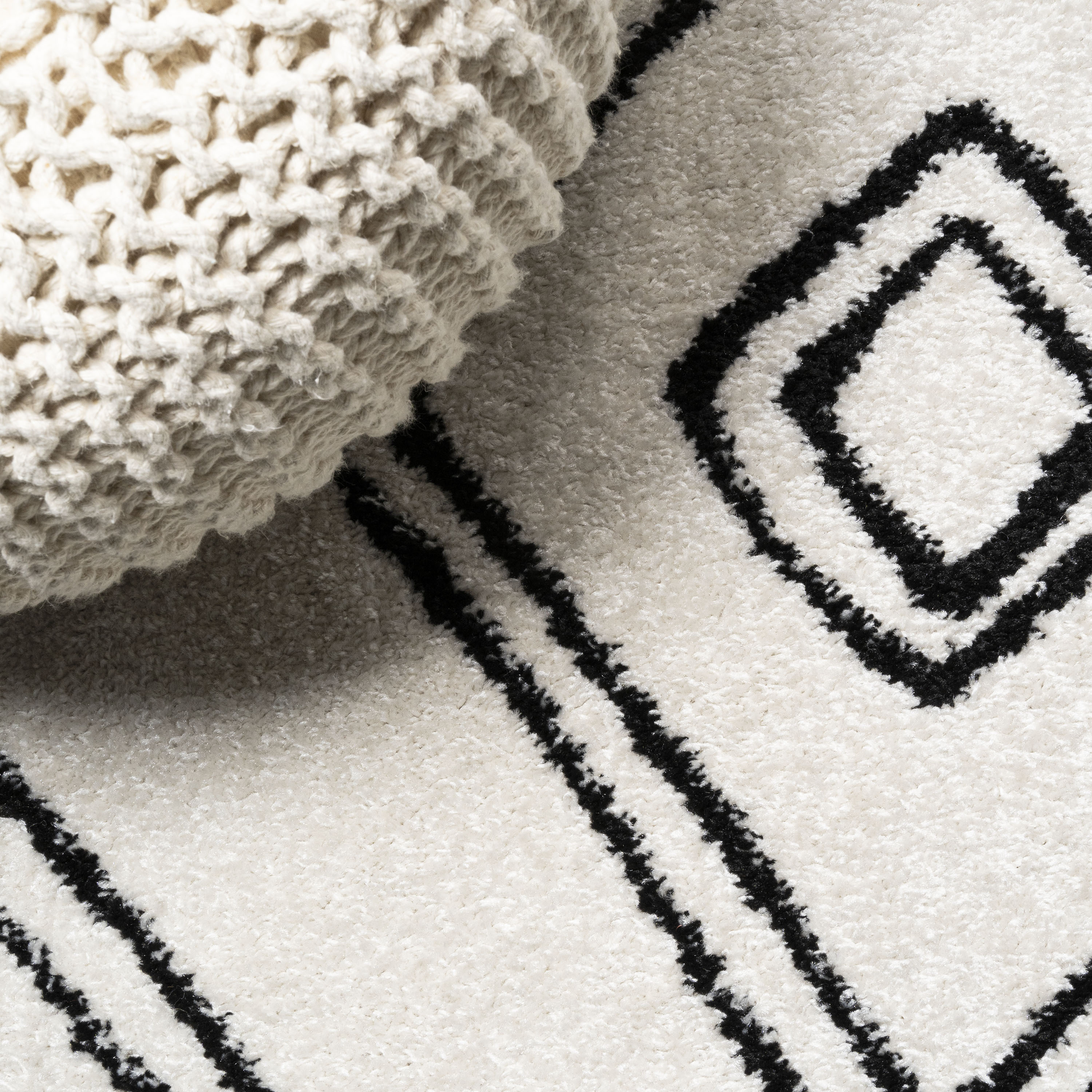 Deia Black and White Geometric Shag Area Rug