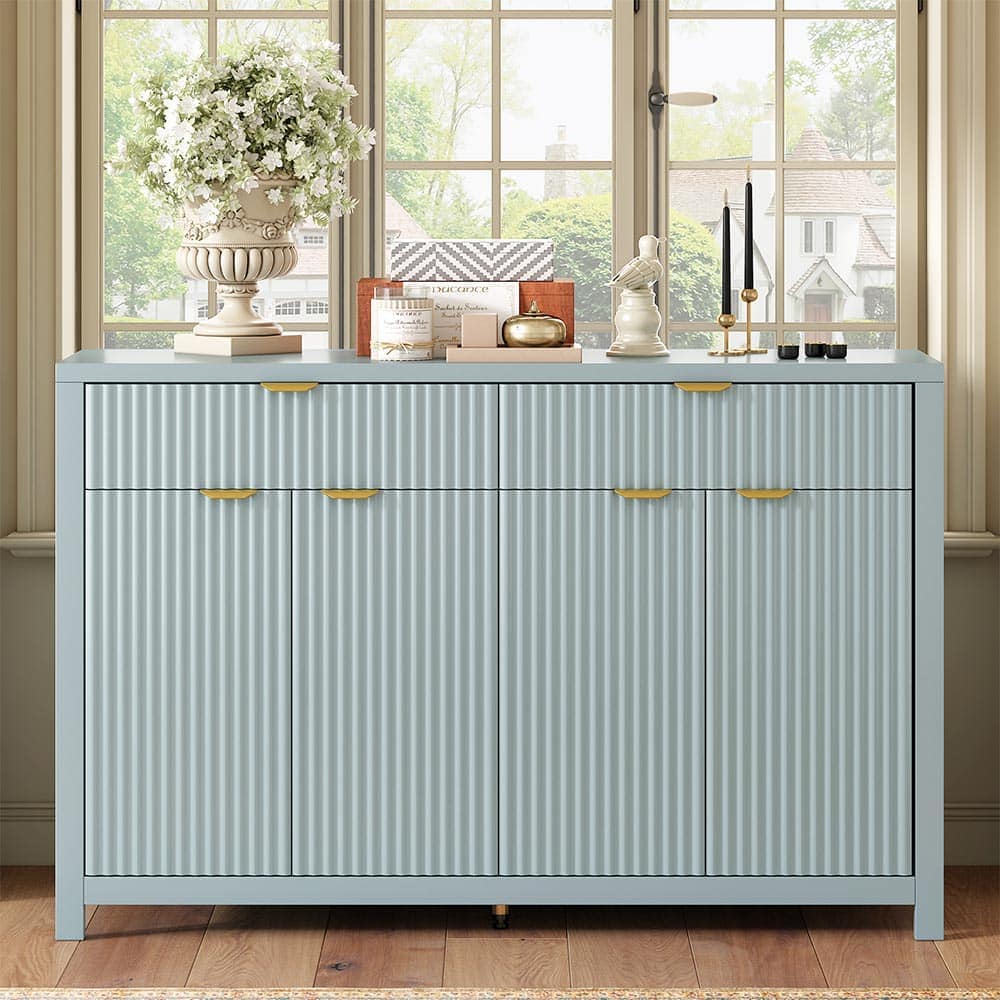 JUJABU DINCABINET-15 Cyan Modern Wave-Pattern Sideboard Cabinet with 2 Drawers and 4 Doors 3-Level Adjustable Shelves Suitable for Entryway