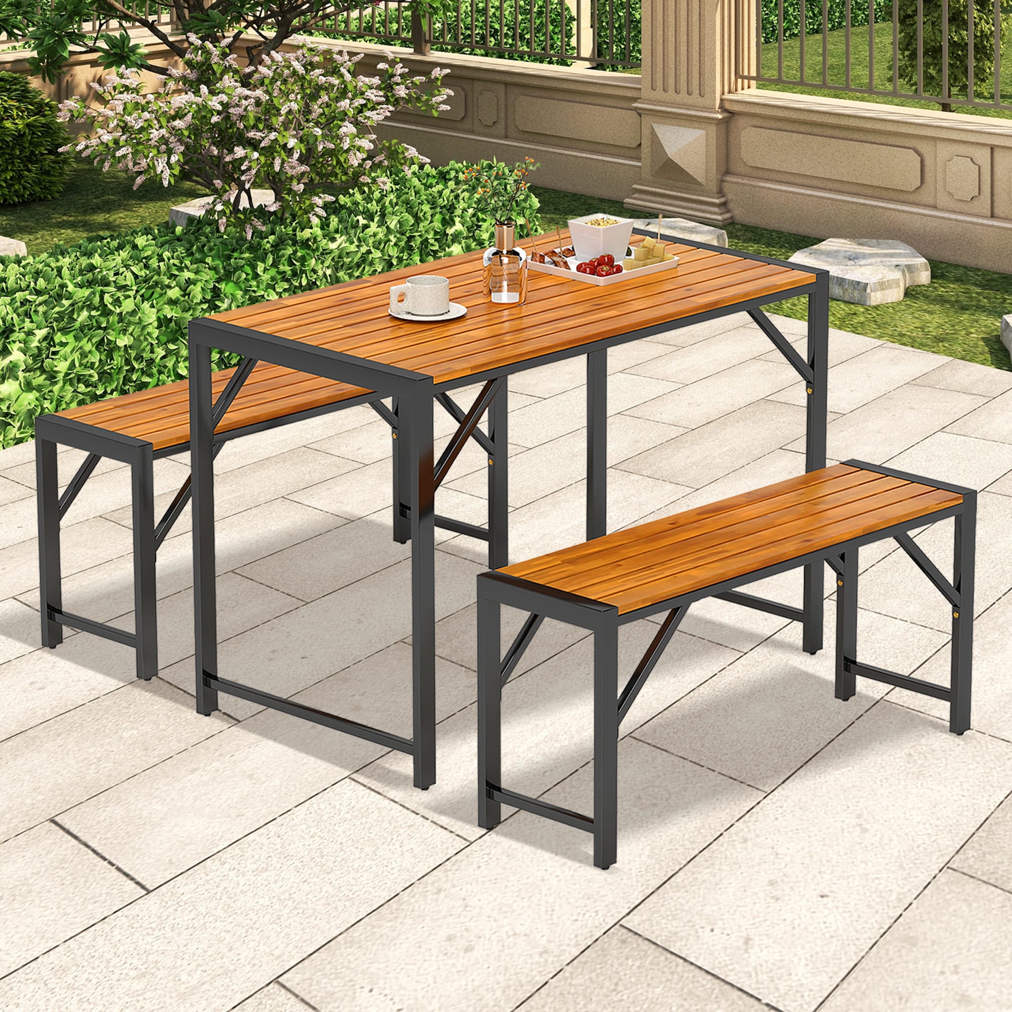 LIVIZA OUJ72991 3 -Piece Black Patio Dining Set Wood Rectangle Table with 2 Stationary Chairs