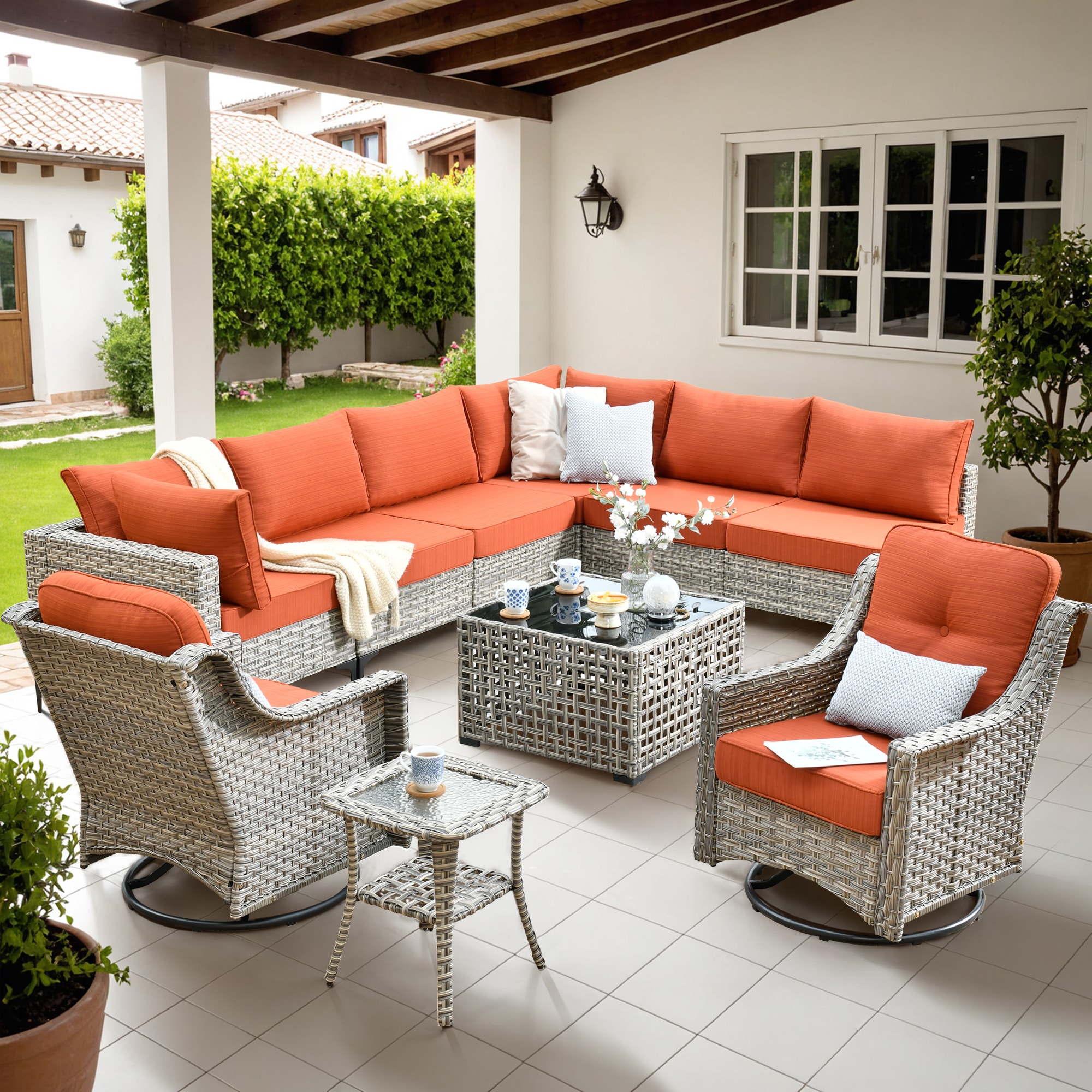 Caodoc L5-YZSKT810-1 YZSKT Wicker Outdoor Sofa with Orange Cushions and Wicker Frame