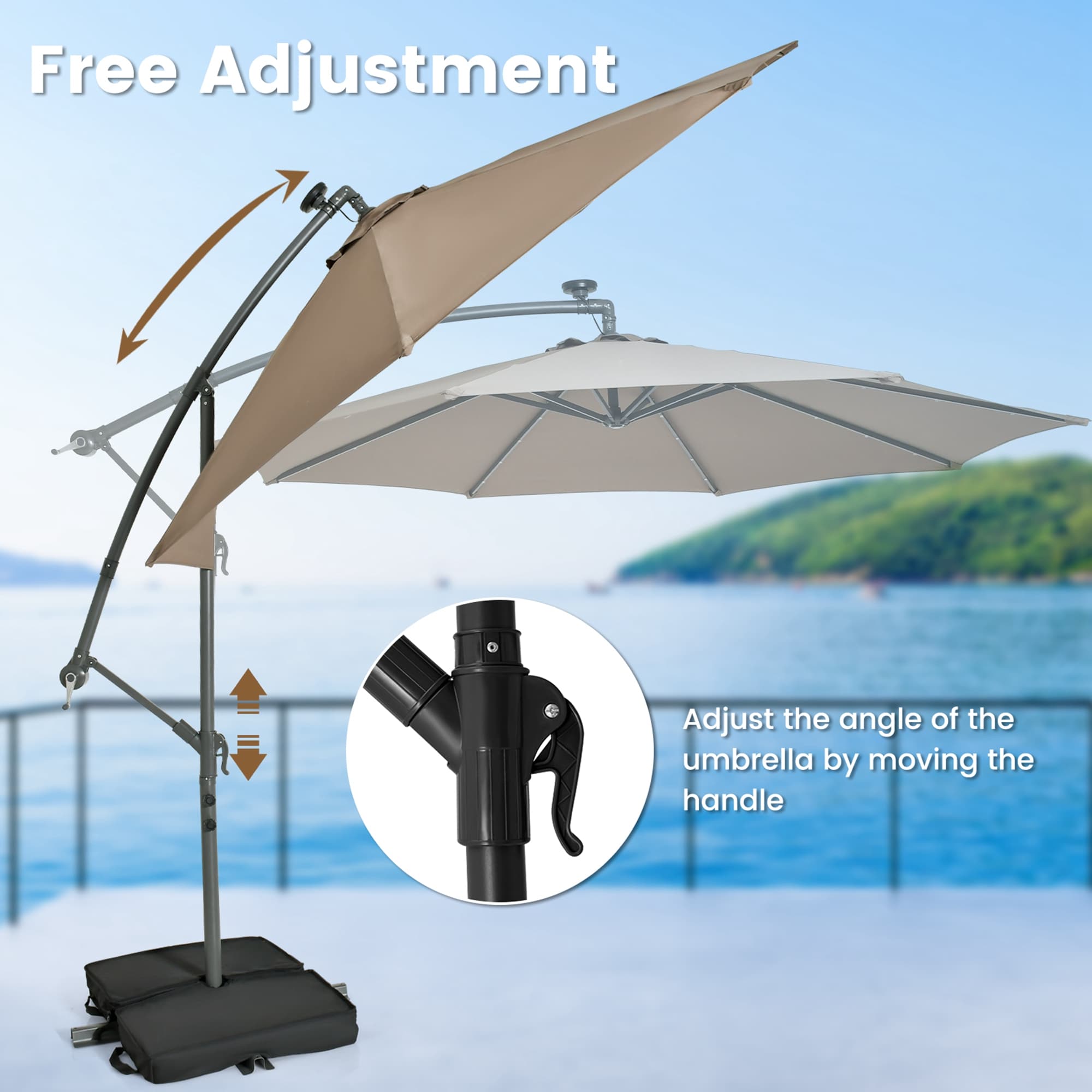 Costway 10-ft Steel Brown Crank Offset Patio Umbrella with Lights and ...