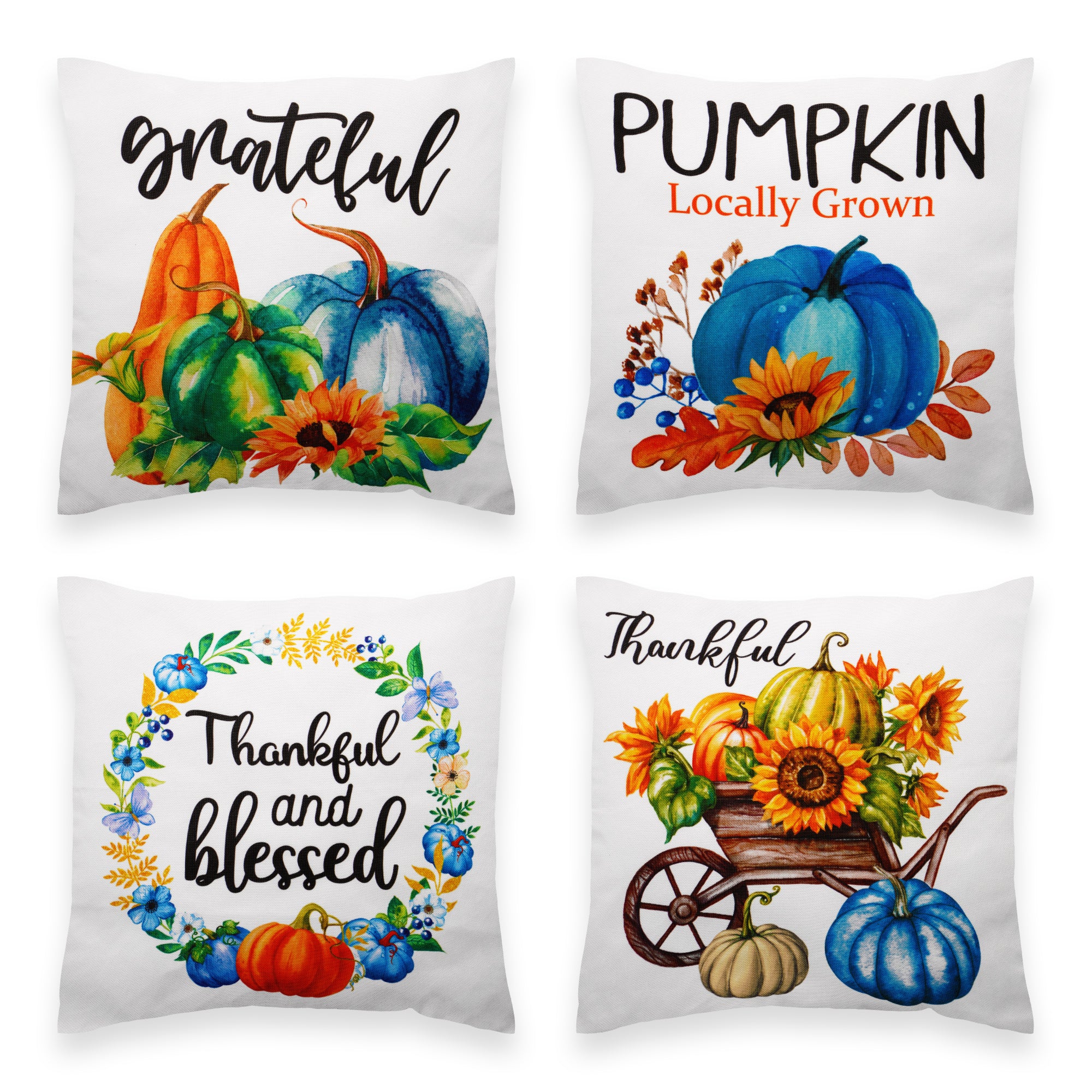 G128 ST-PC-AUTPMPKN3-20P9 4-Piece 18-in x 18-in Square Decorative Fall Pumpkin Thankful Waterproof Pillow Covers