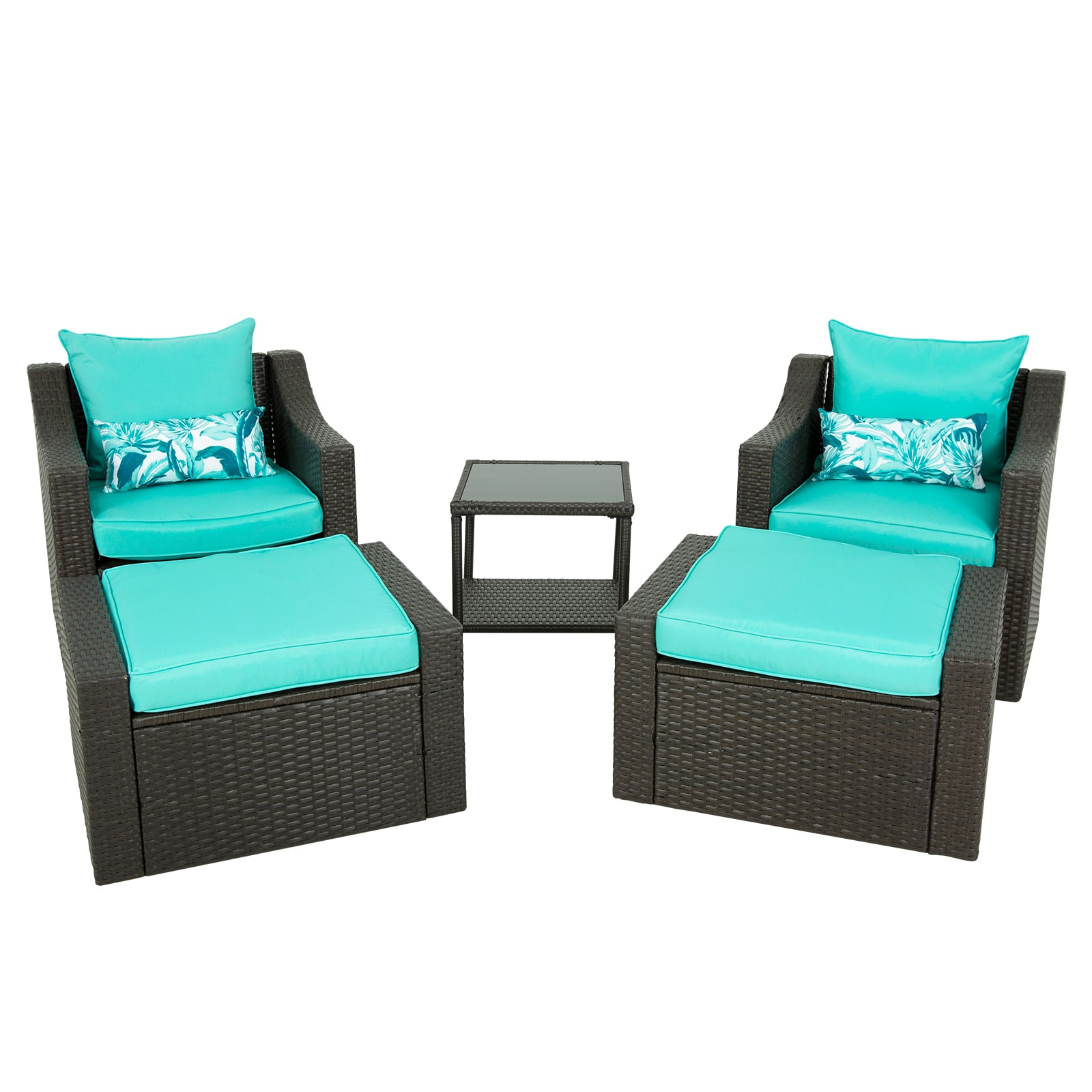 Flynama LY-V-FX05BL-1-2 5-Piece Wicker Outdoor Rattan Sectional Sofa Set Furniture Set with Lake Blue Cushions
