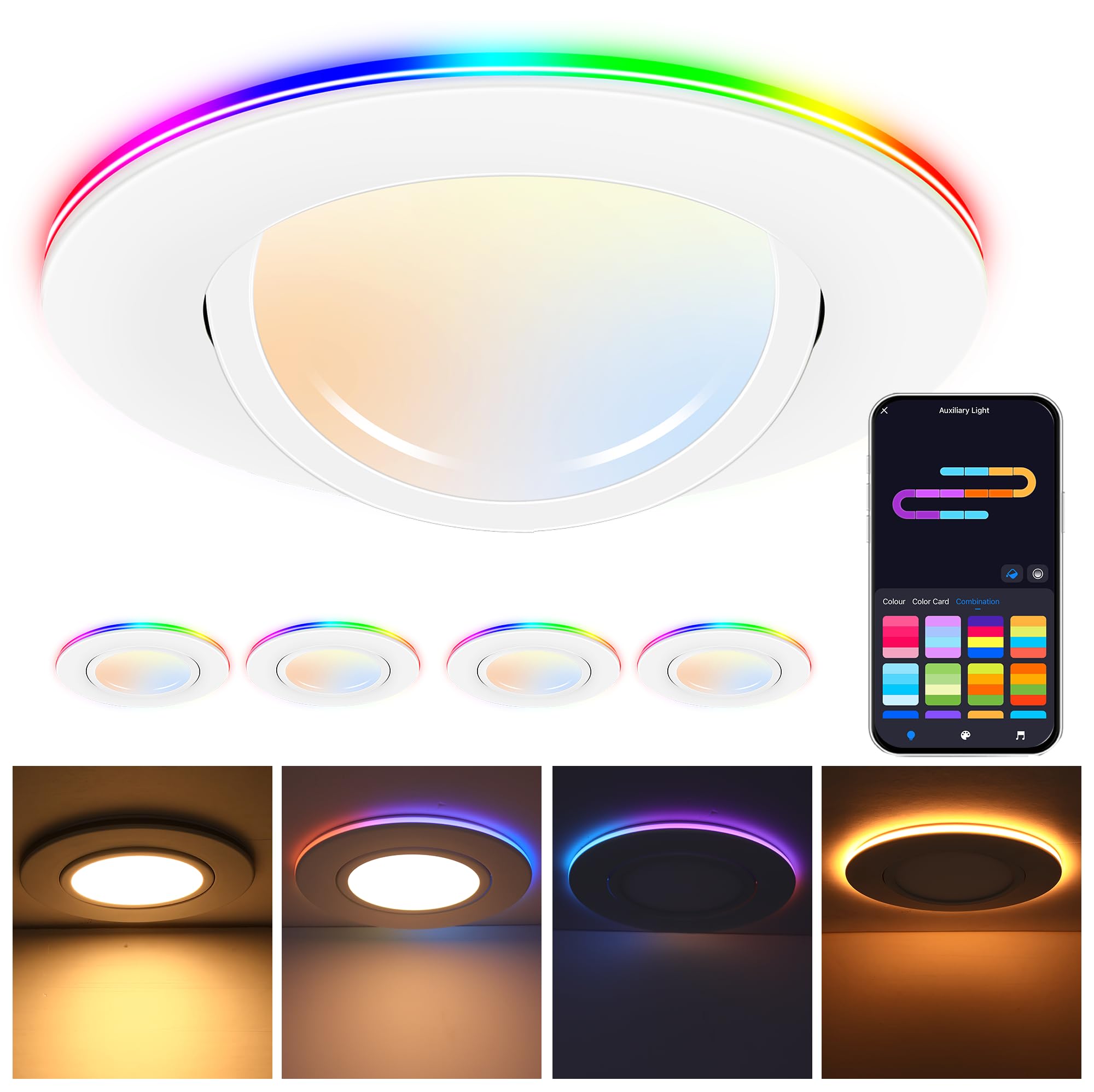 IUEST  6 Inch Gimbal Smart Recessed Lighting with Gradient Accent and Night Light 15W 2700K to 6500K RGB LED Compatible with Alexa and Google Home