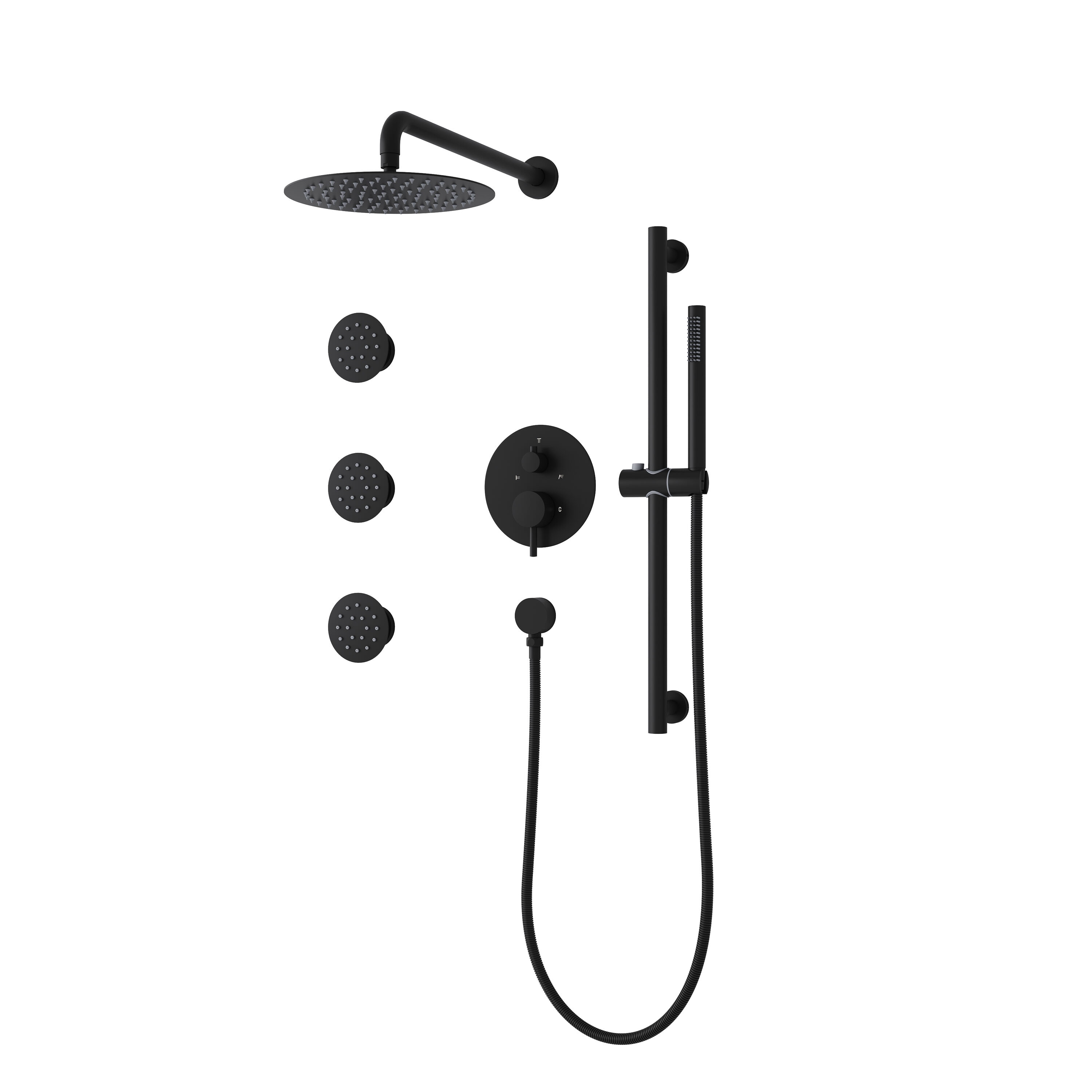 WELLFOR CR-P-S10-2W04BN ZQ Matte Black 10-in Waterfall Shower Faucet Bar System with 3-way Diverter ( Pressure-balanced Valve Included )