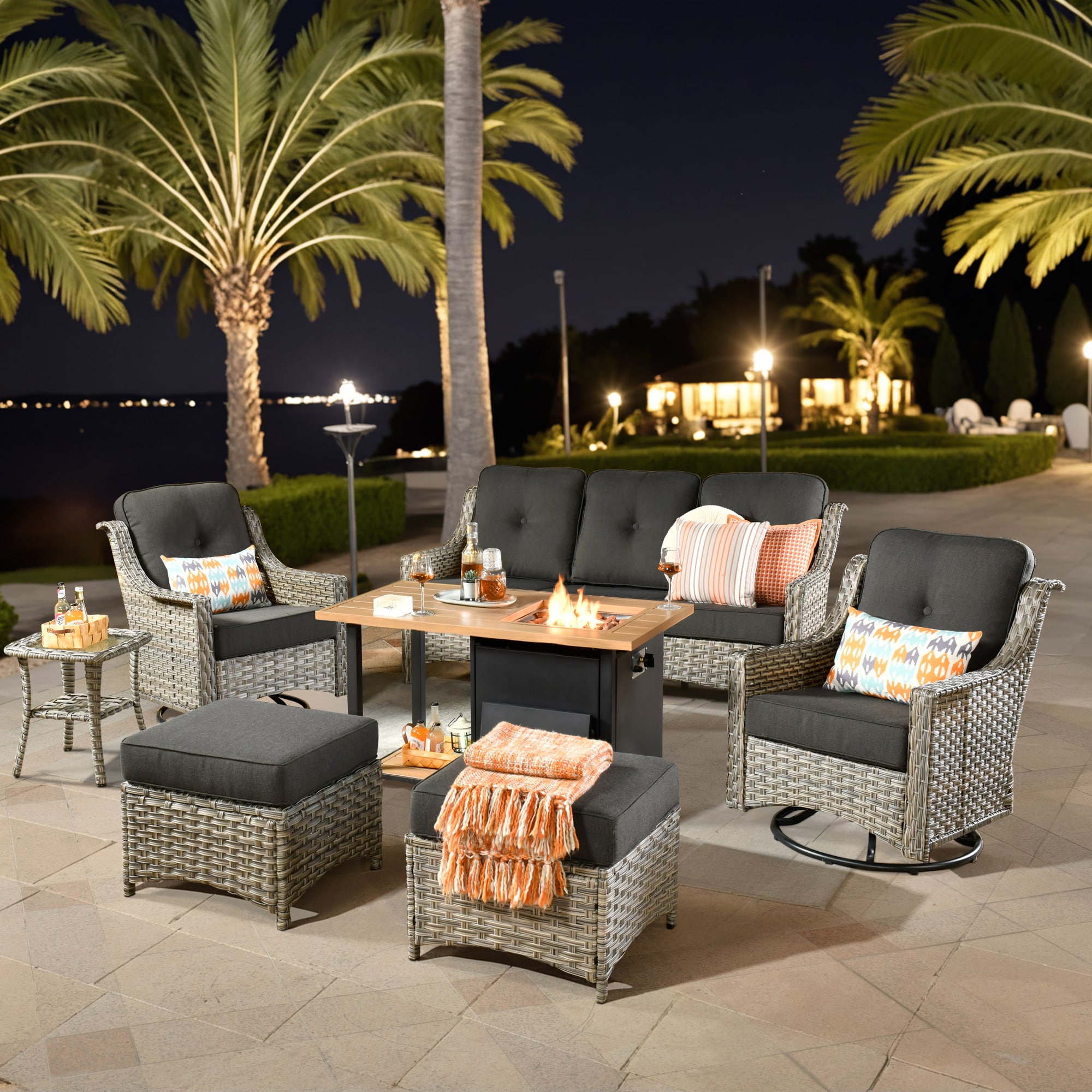weaxty HMBDFP-YZPAD1071 Aireno 7-Piece Rattan Patio Sofa Conversation Set with Black Cushions