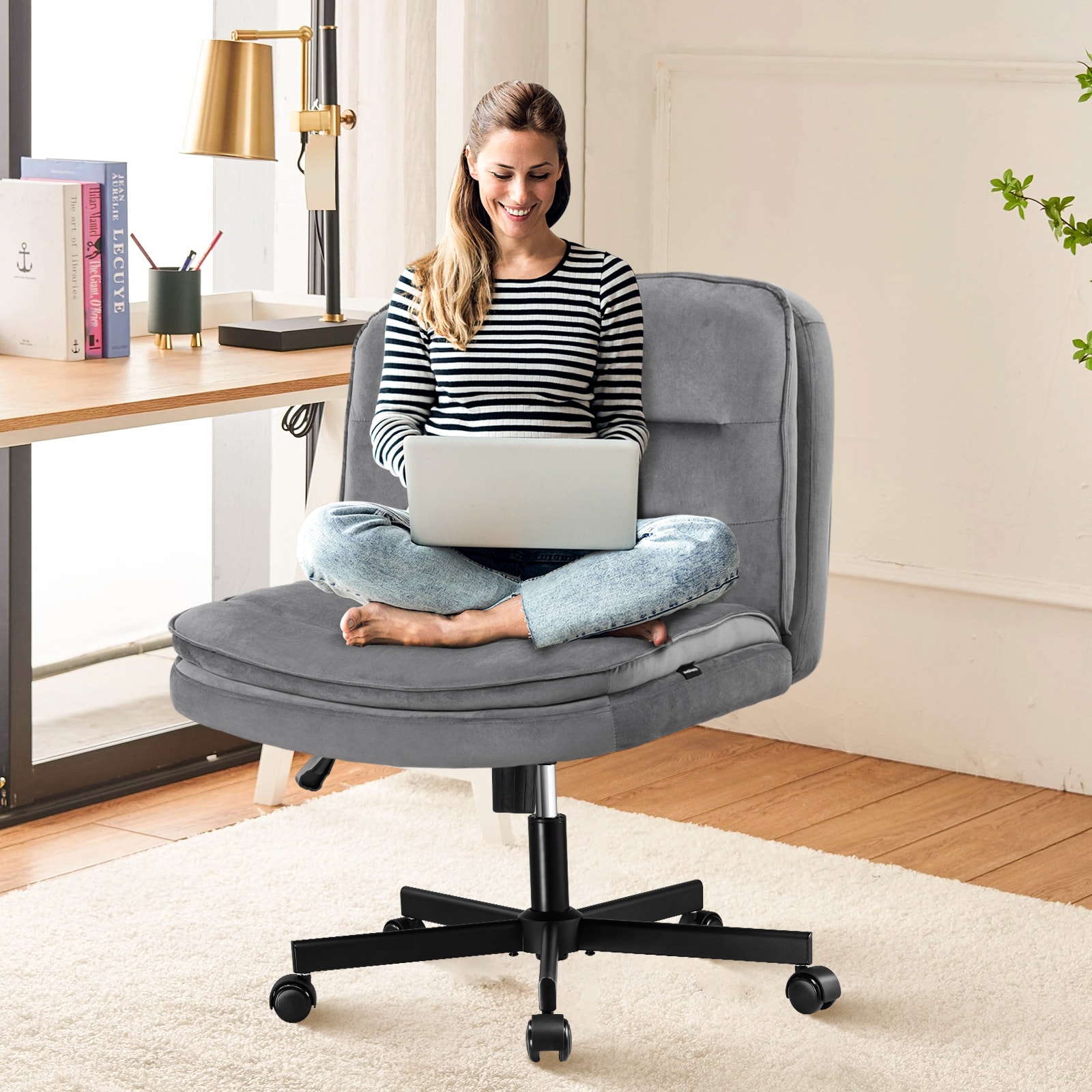 GTPLAYER LOWE'S-CH310-GRAY-VE Gray Velvet Wide Criss Cross Chair Armless Cross Legged Office Chair Height Adjustable Computer Task Chair