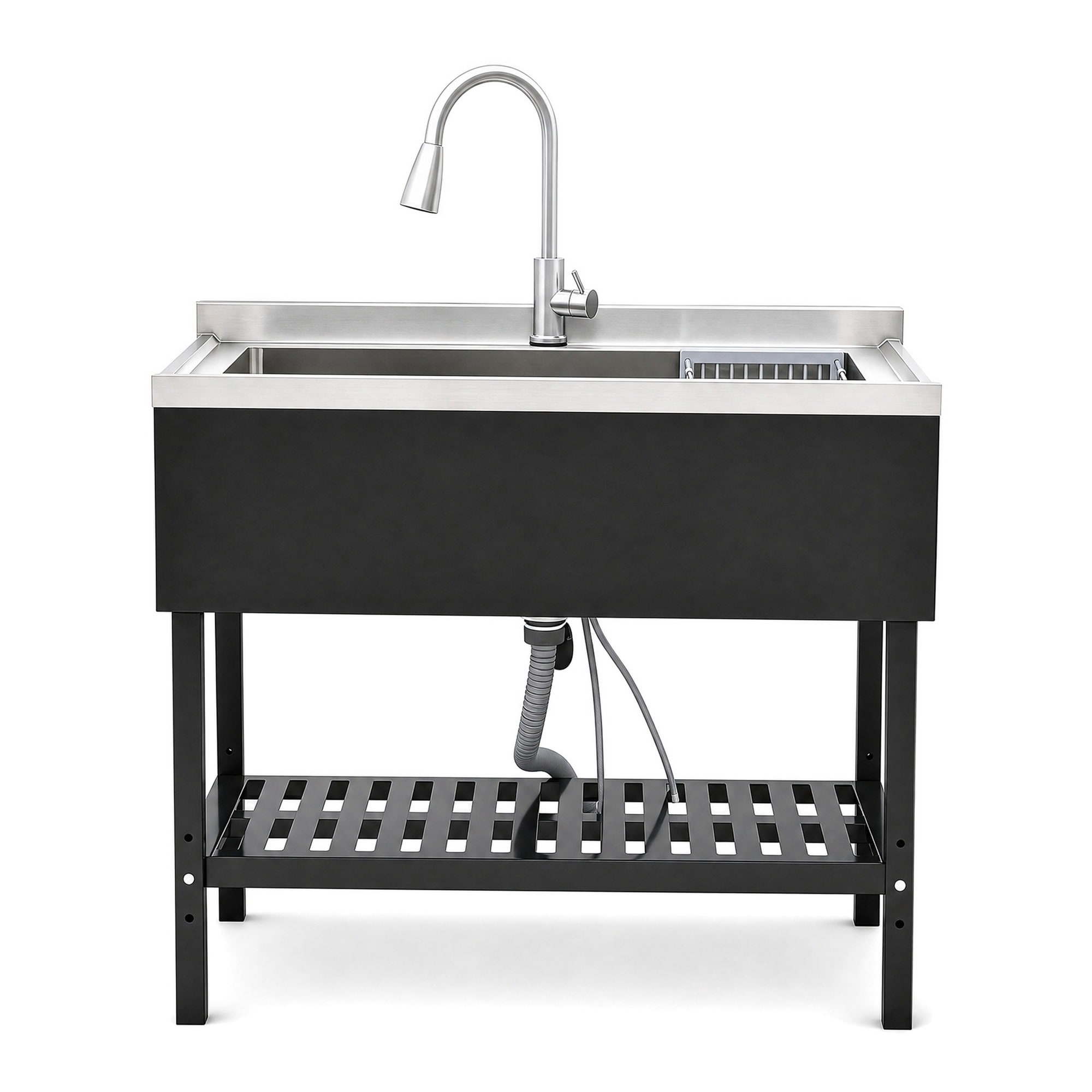 LIVACA 40 inch x 24 inch Black and Silver Stainless Steel Freestanding Utility Sink with Pull-Out Faucet and Storage Grille
