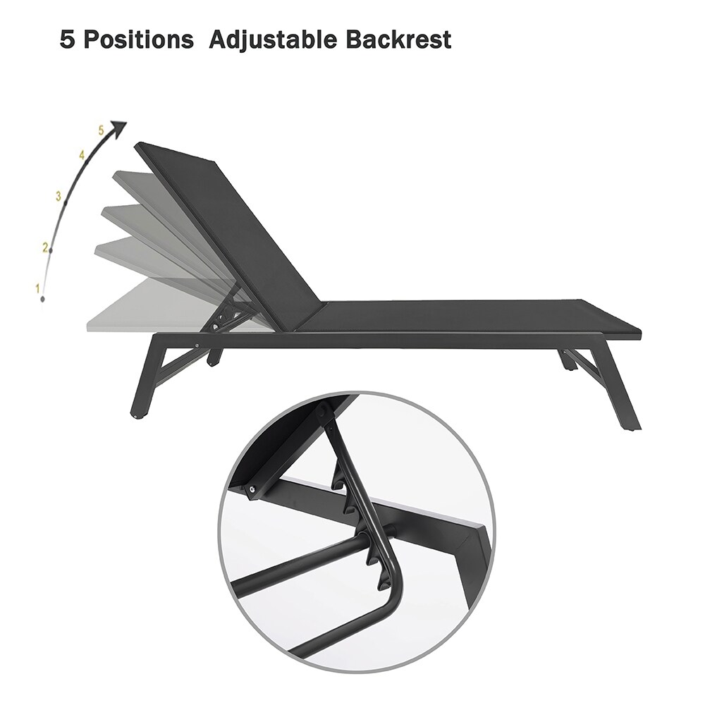 Black Aluminum Frame Stationary Chaise Lounge Chair with Black Slat Seat in the Patio Chairs