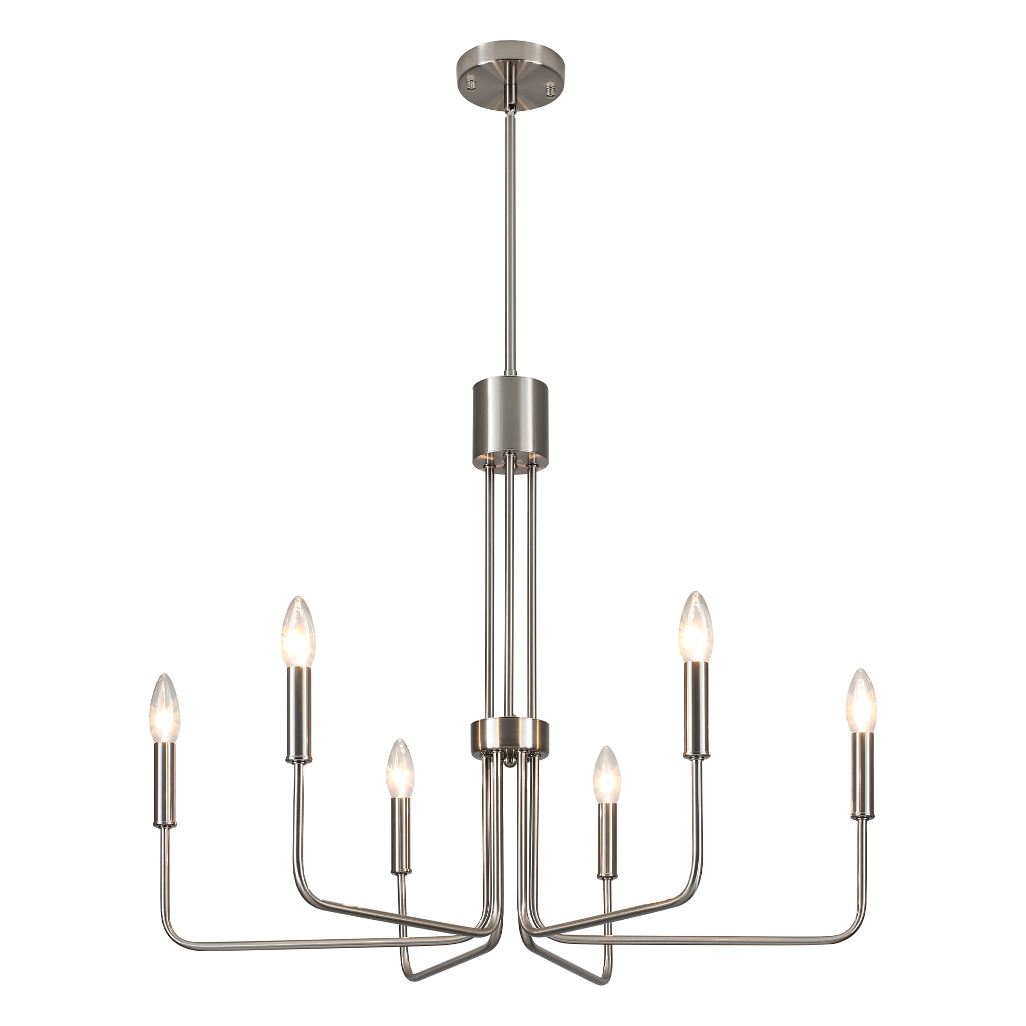 Zjvaive 6-Light 28.14inch Nickel Candle Chandelier Adjustable 27.16-68.50 inch Rod E12 Socket Max 60W Farmhouse Ceiling Light Fixture Bulbs Not Included for Living Room Dining Room Kitchen Bedroom #LS1-2-D0147-6-SN
