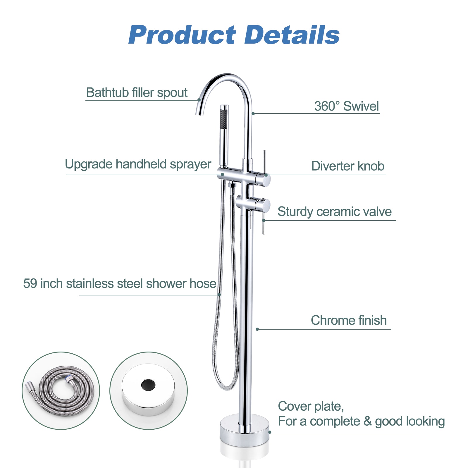 Wowow Chrome 2 Handle Freestanding Swivel Bathtub Faucet With Hand Shower Valve Included 2975