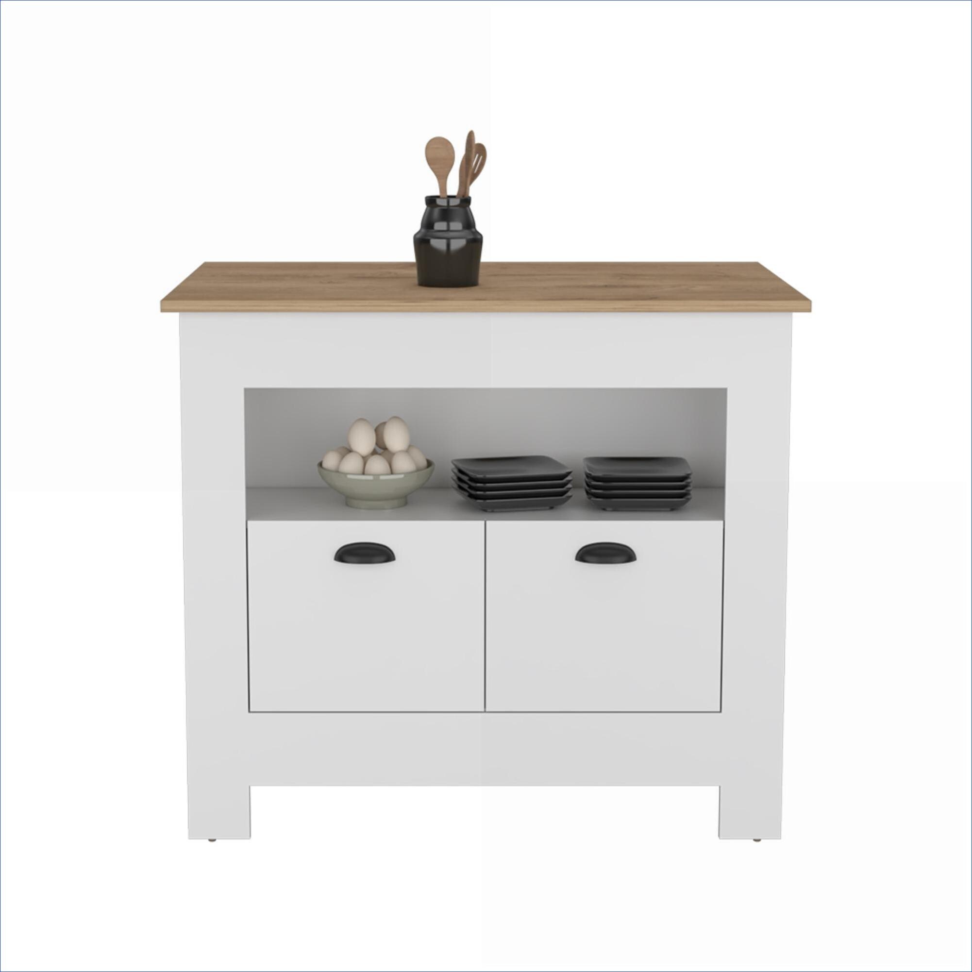 Watnature Engineered Wood White Macadamia Rectangular Kitchen Island ...