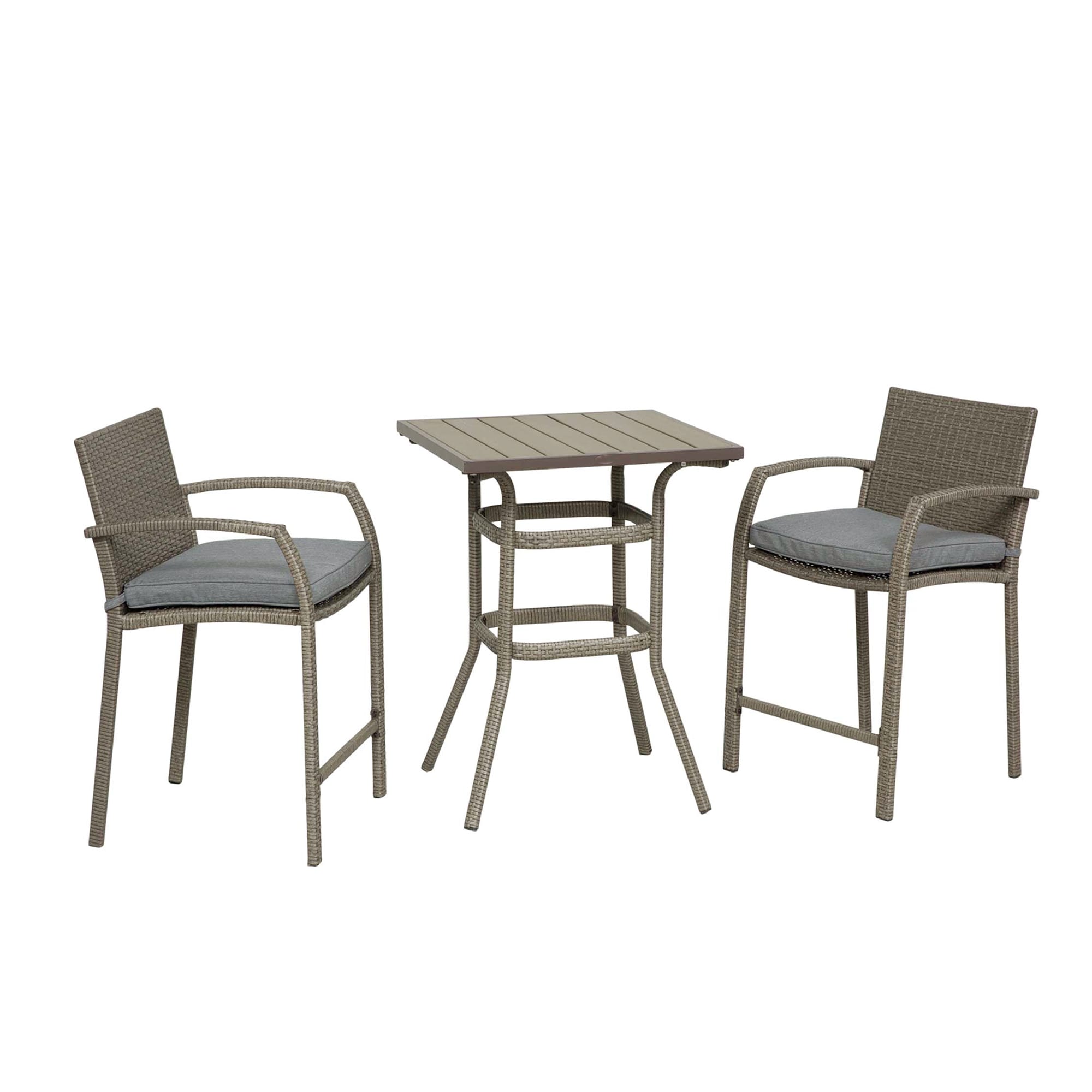 AHIOU HOME ZAAHG-P217542DS Berkeley 3 -Piece Gray Wicker Bar Height Patio Dining Set Steel Square Table with 2 Gray Cushions Stationary Chairs