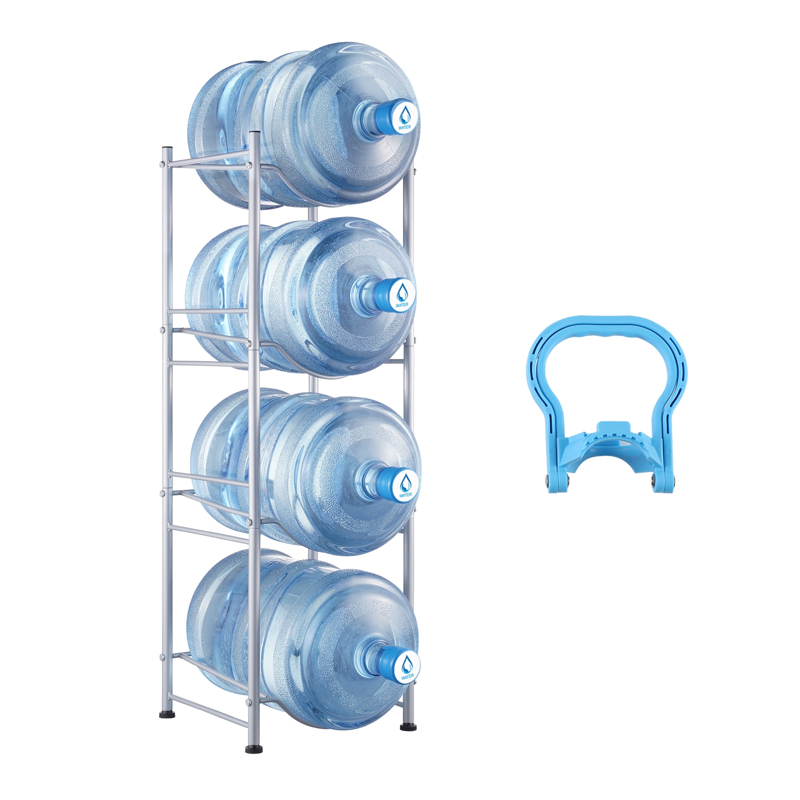 VEVOR 4 Tiers Water Jug Holder  5 Gallon Water Bottle Holder  Single Row Water Bottle Rack for 4 Bottles  Heavy Duty Water Jug Rack for Kitchen  Office  Living Room  Silver