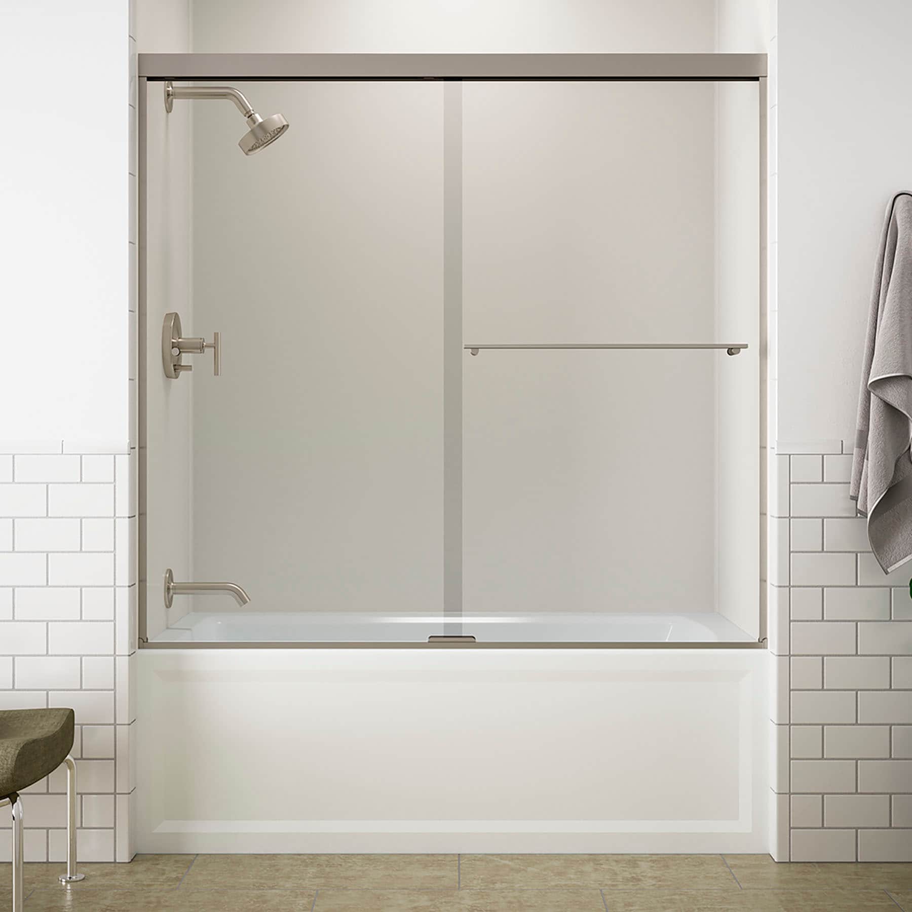 KOHLER 707002-L-BNK Revel Brushed nickel 25-in W x 62.0000-in H Frameless Sliding Soft Close Shower door 5/16-in Thick Clear Glass