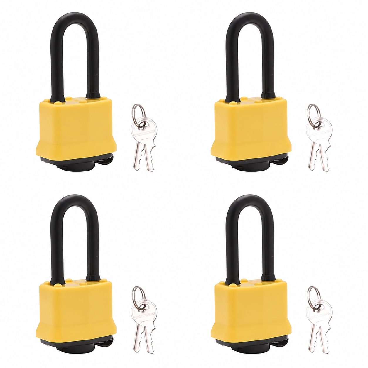 CYIKE  4 pack heavy duty weatherproof laminated steel padlocks keyed alike long shackle for outdoor gate shed storage locker includes eight keys