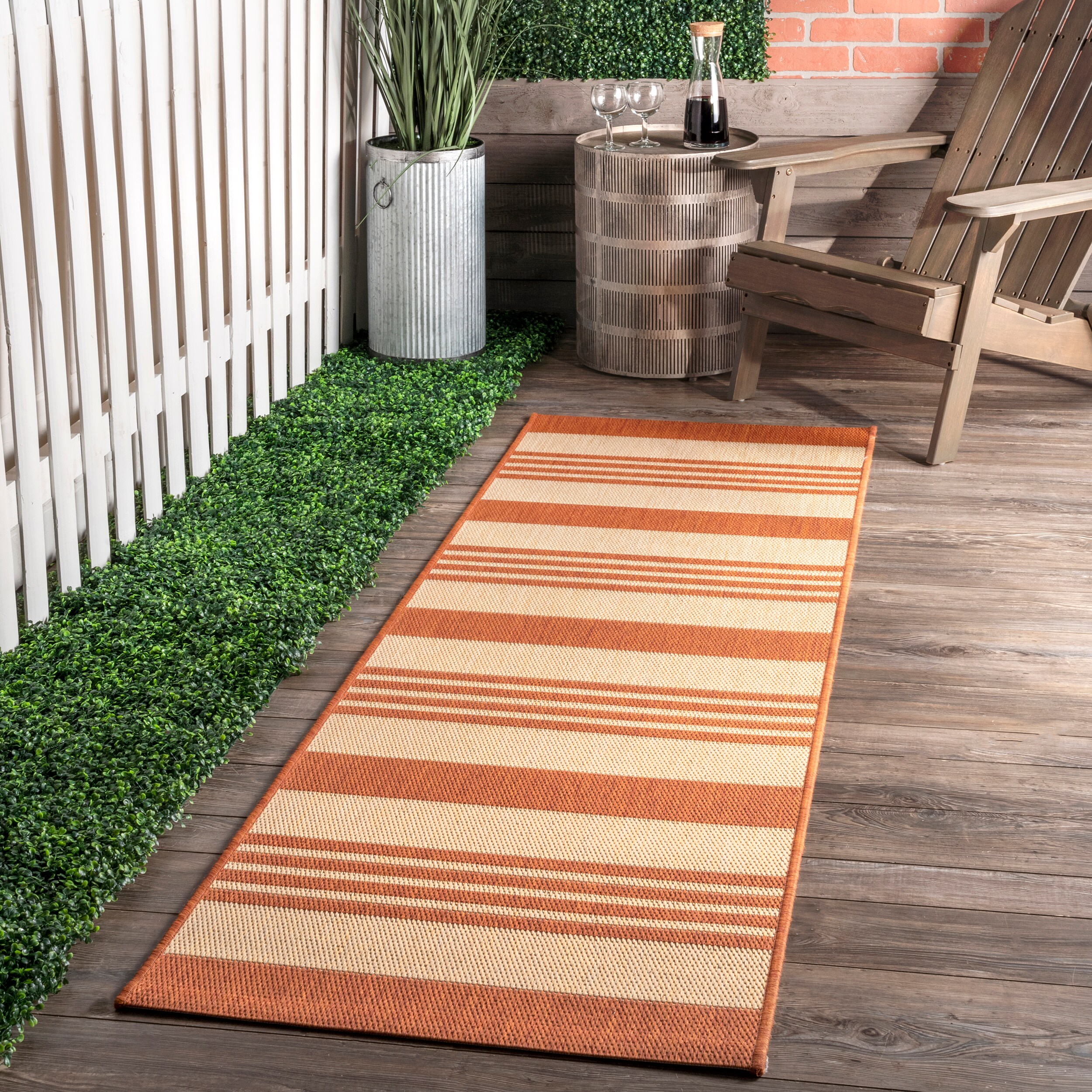 Terracotta and Beige Striped Synthetic Reversible Runner Rug