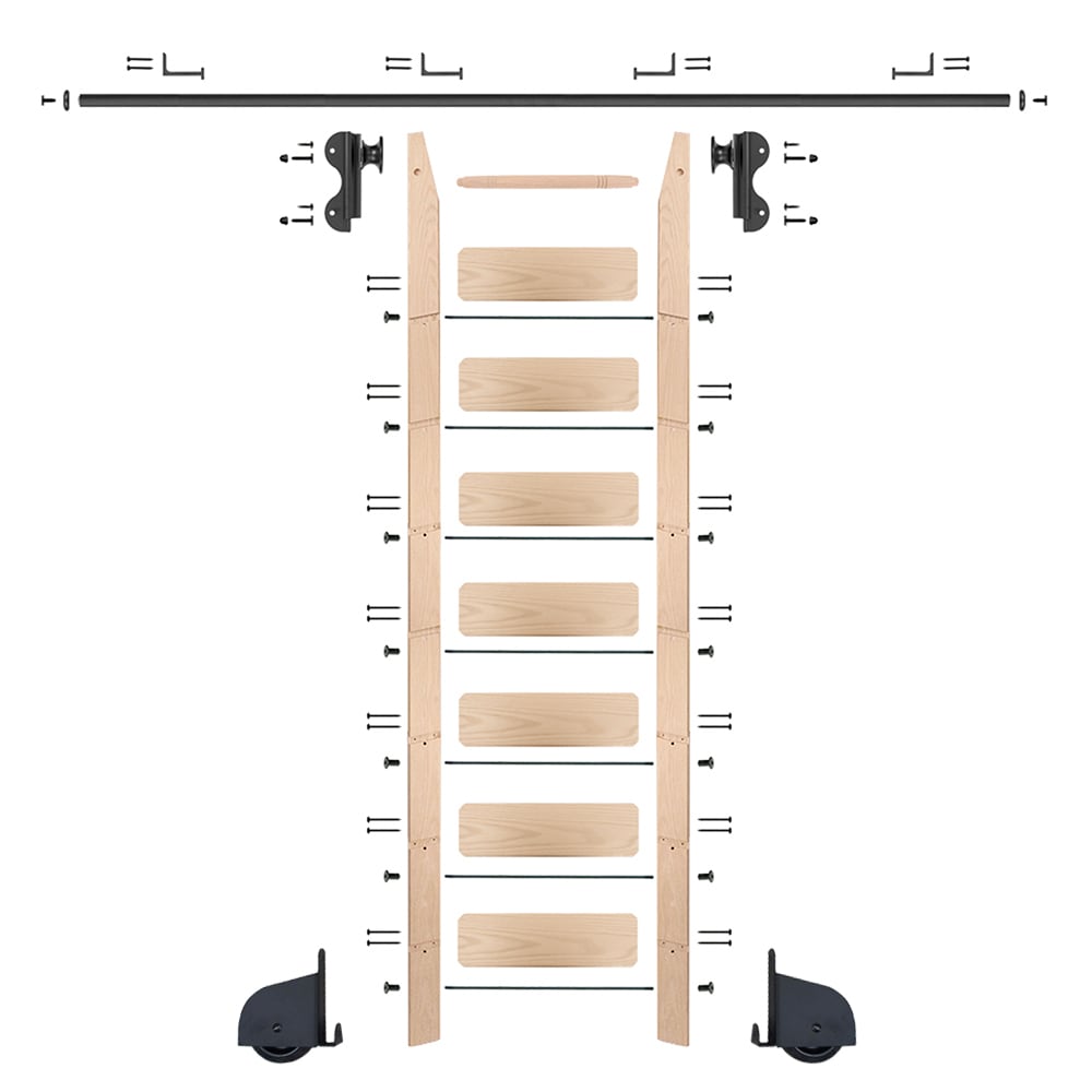 Quiet Glide QG.540-8MA-08-H.08 8 ft. Maple Library Ladder Black Contemporary Rolling Hook Ladder Kit with 8 ft. Rail and Horizontal Brackets