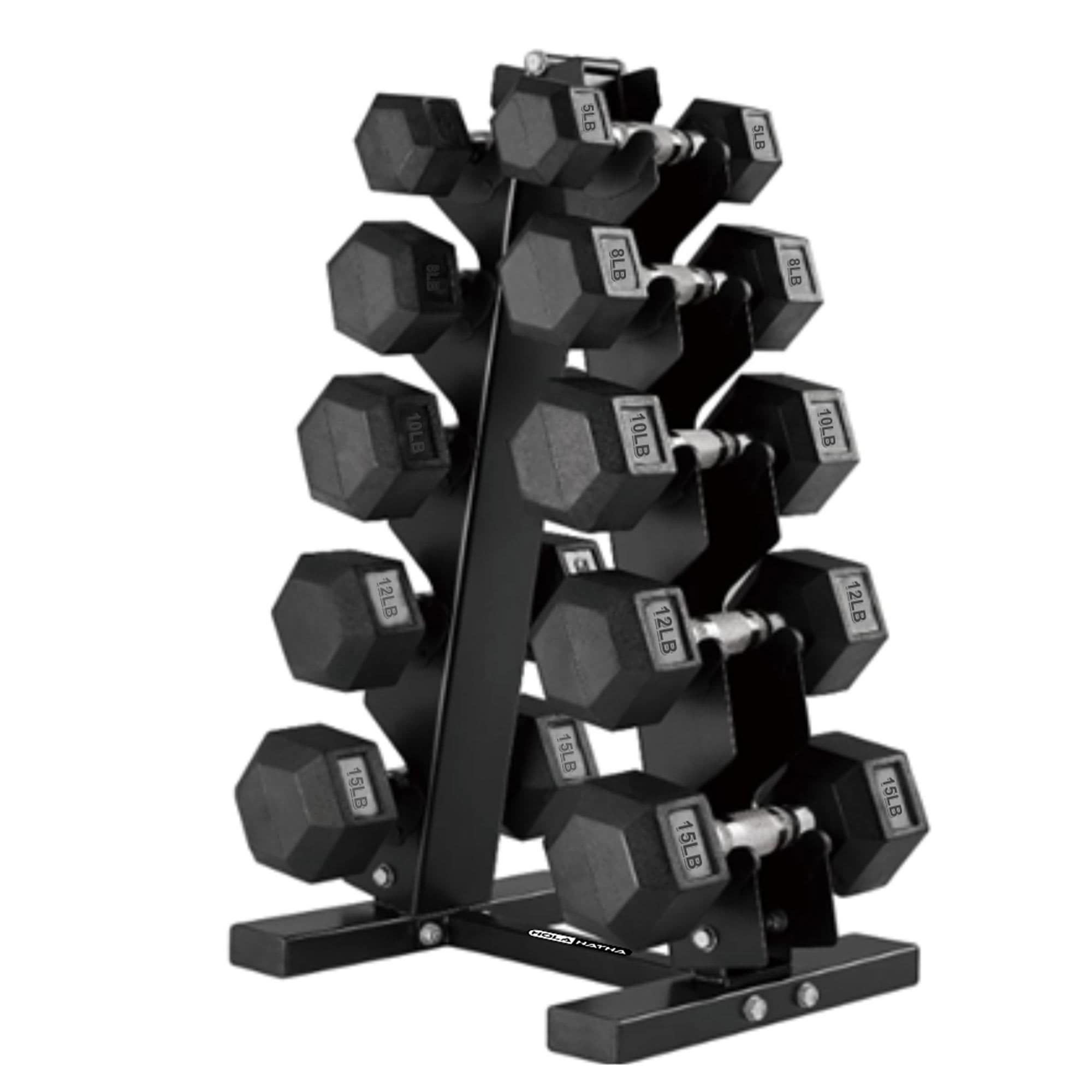 HolaHatha  5 8 10 12 and 15 lb Hexagonal Dumbbell Weight Set with Rack Black