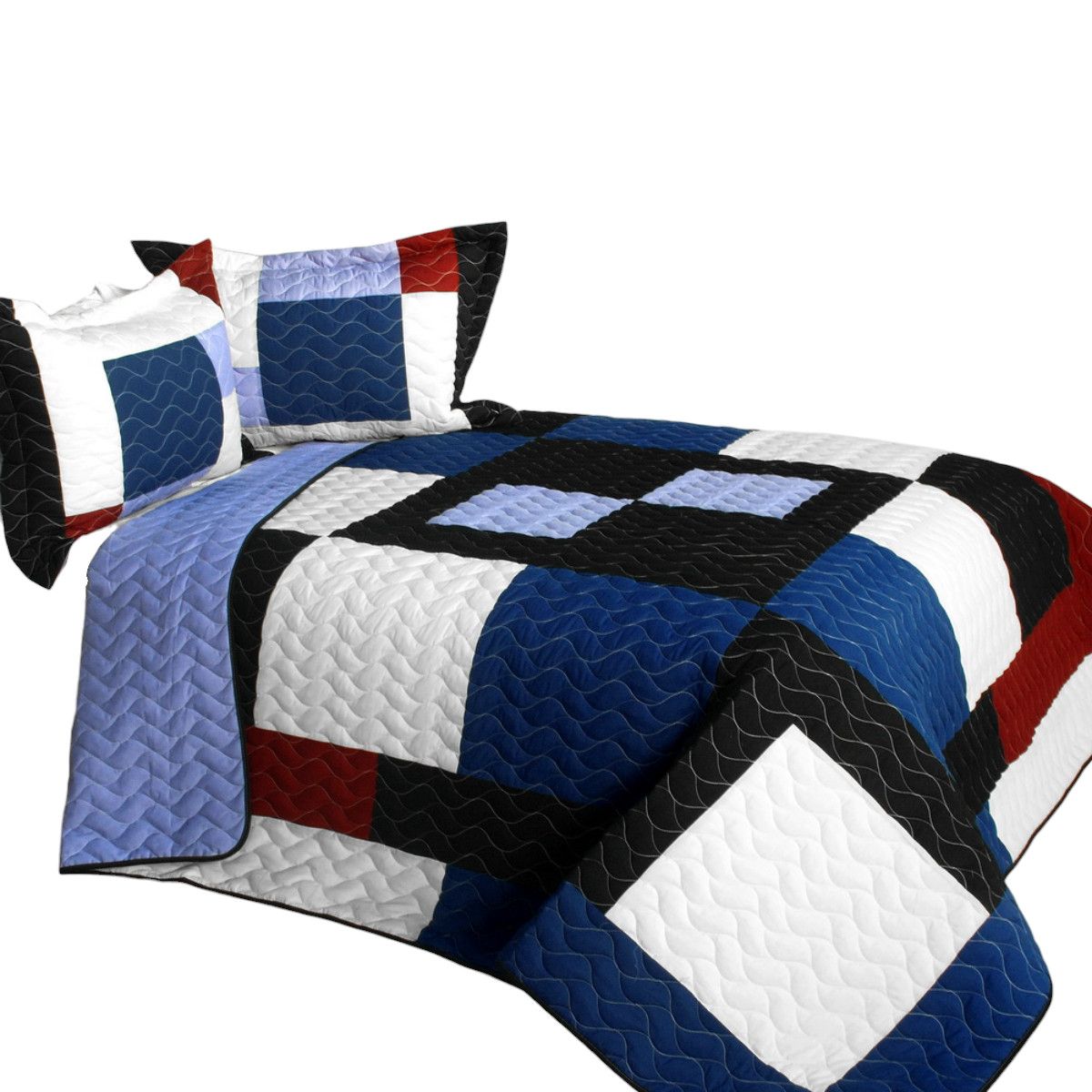 Slickblue 3 Piece Blue/Green TC Fabric Quilt Set Full/Queen Block Design Vermicelli Quilted Reversible Bedroom Set with Shams
