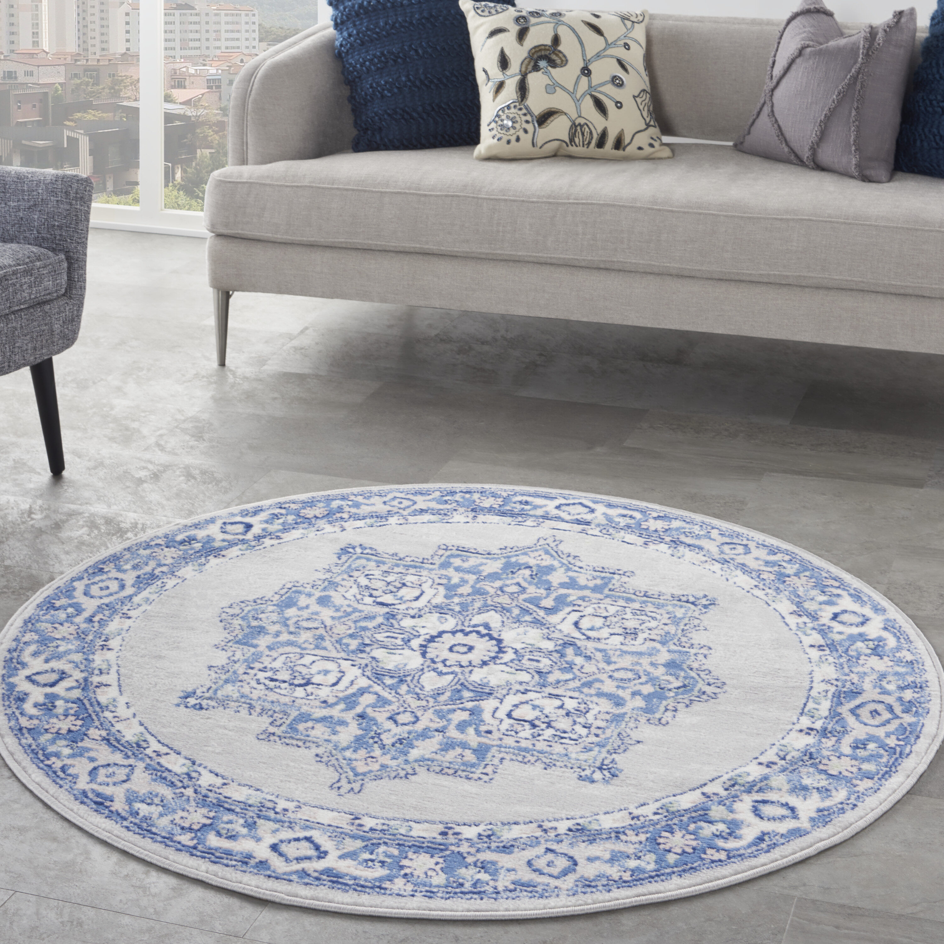 Nourison 99446831446 Whimsicle 5 x 5 (ft) Loomed Polypropylene Grey Blue Round Indoor Medallion Area rug