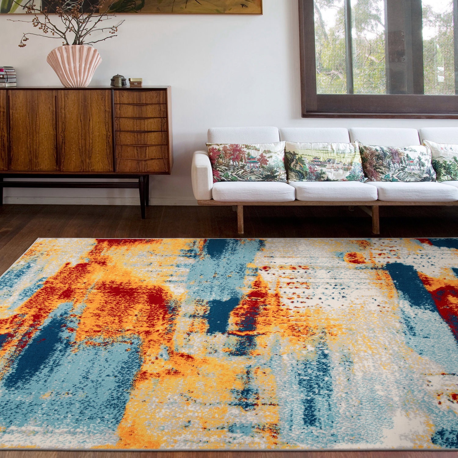 Bohemian Abstract Red and Blue 5' x 7' Synthetic Area Rug