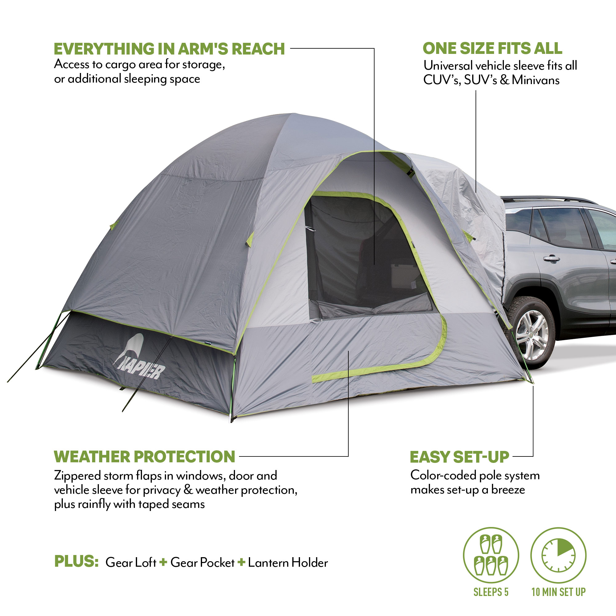 Napier 5-Person Green and Gray SUV Camping Tent with Mesh Windows