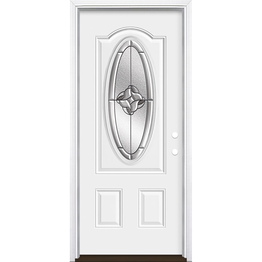 Masonite 3846528 Rozet 34-in x 80-in x 4-9/16-in Steel Oval lite Left-hand inswing Primed Prehung Front Door with Brickmould Insulating core