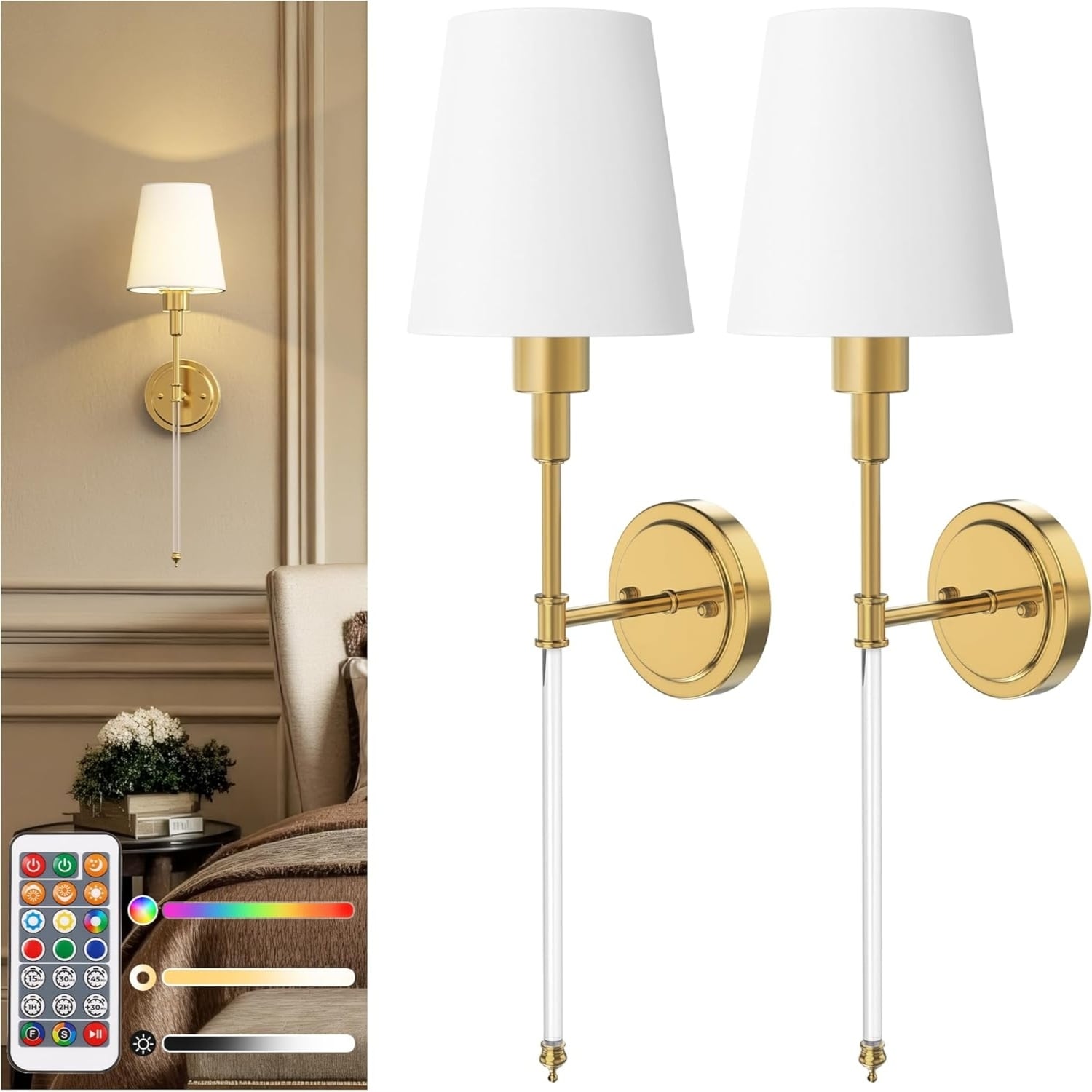 DORESshop LSC-NB04001AGDT-2 Gold and Glass Wireless Wall Light Set of 2 Battery Operated Dimmable Sconces for Room Decor 246in