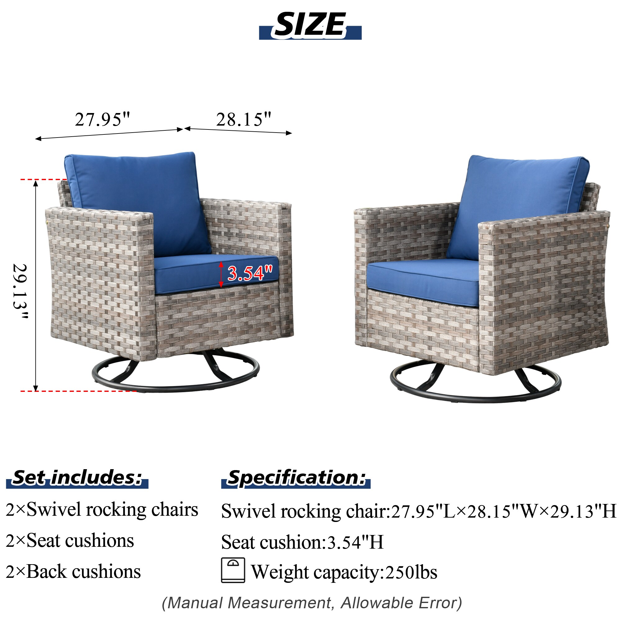 Pouuin 2 Rattan Gray Swivel Conversation Chair with Blue Woven Seat in ...