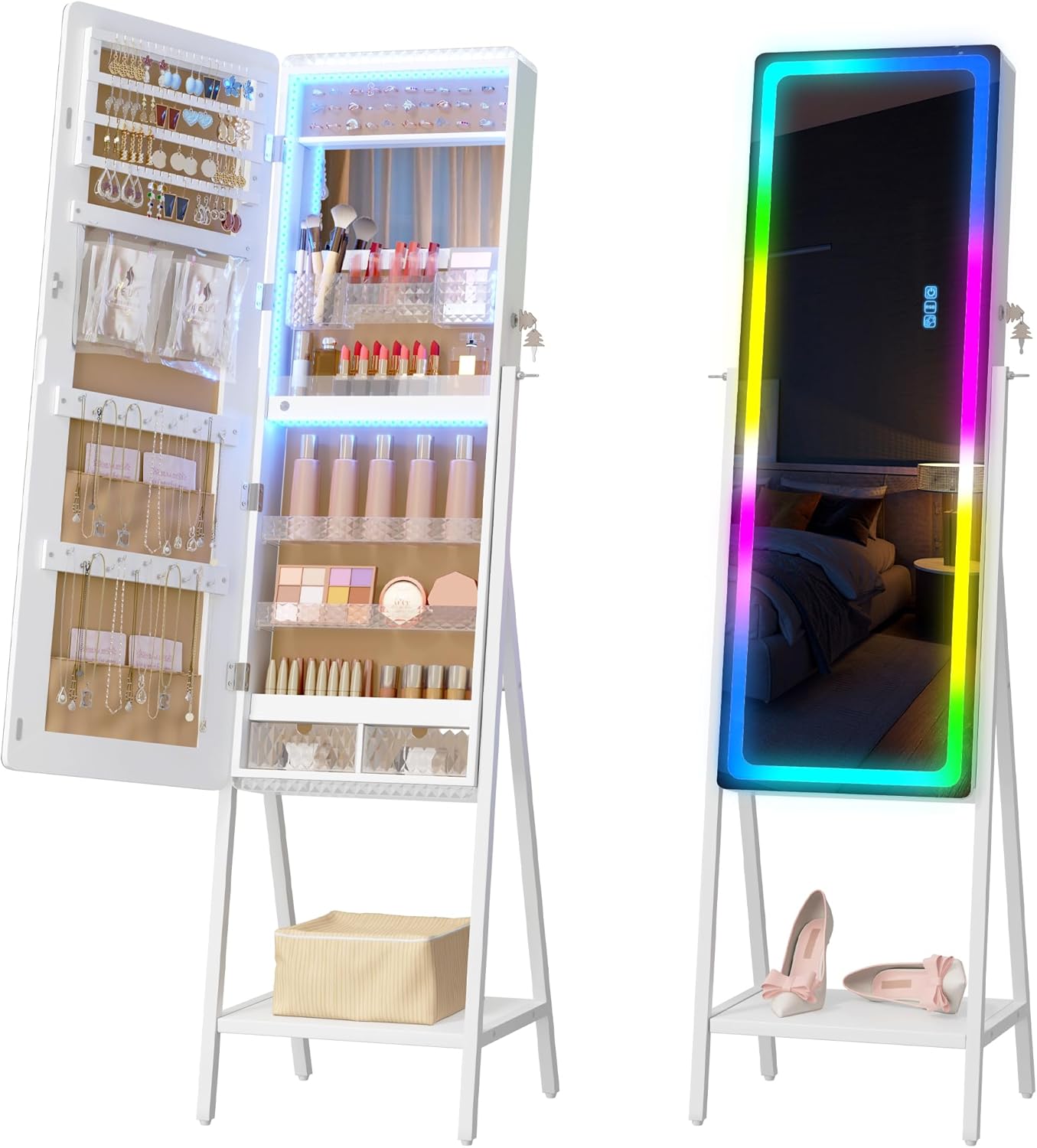 Vlsrka B0C3XDSYJ3 RGB LED Jewelry Mirror Cabinet Standing Full Length Armoire with 14 Lights Dimmable Adjustable Speed Floor Mirror Storage Organizer White