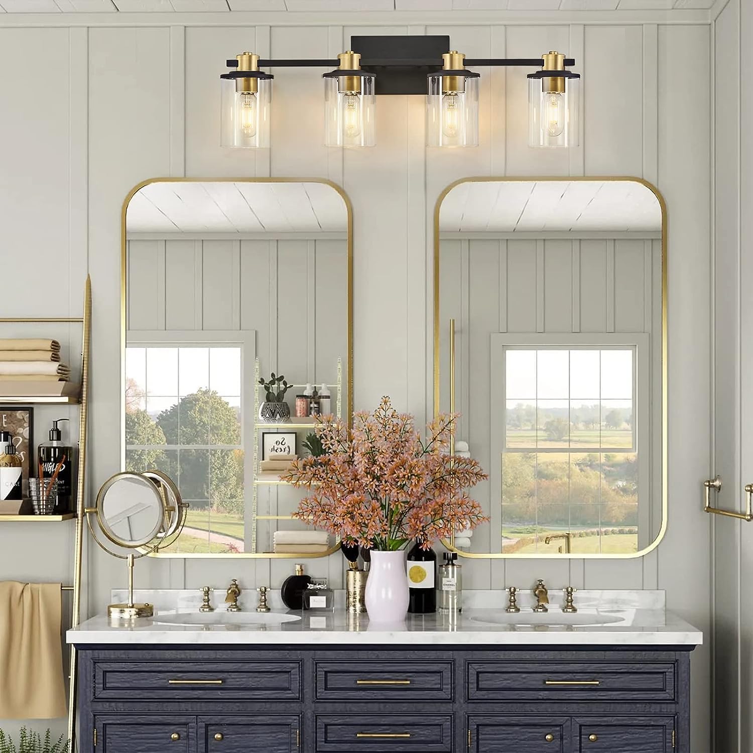 Fylbinye Black Gold Bathroom Vanity Light with Glass Shade 24-in 4 ...