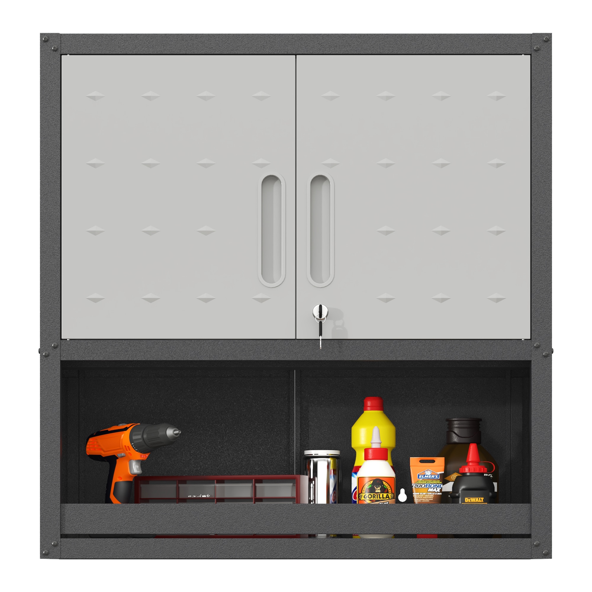 LOVMOR SF-R-T2398P236505 Metal Wall-Mounted Tool Storage Cabinet with Locking Door and 1 Shelf 1 Opened Drawer for Garage WarehouseOfficeAssembly Required