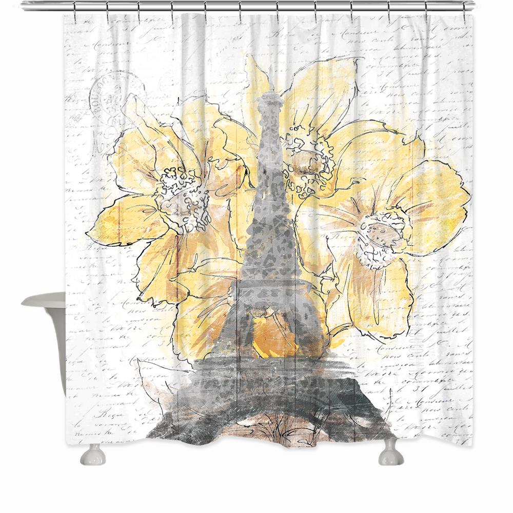 Laural Home DBET72SC 71.0-in W x 72-in L Daffodil Blooms Eiffel Tower Floral Polyester Shower curtain