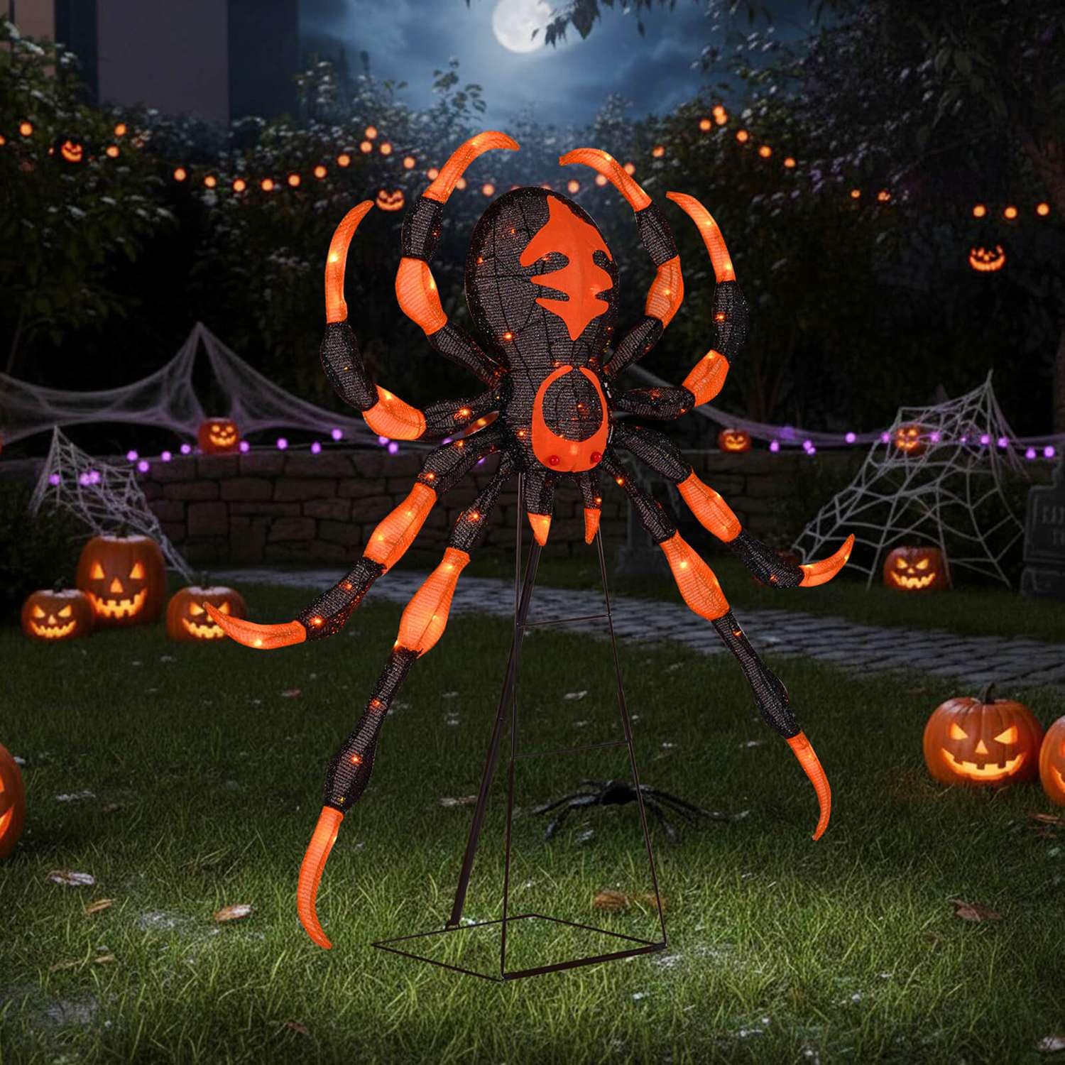 Costway CSHY001791 52 inches Halloween Spider Decoration with 16 Flickering Warm White LEDs and 64 Orange LEDs