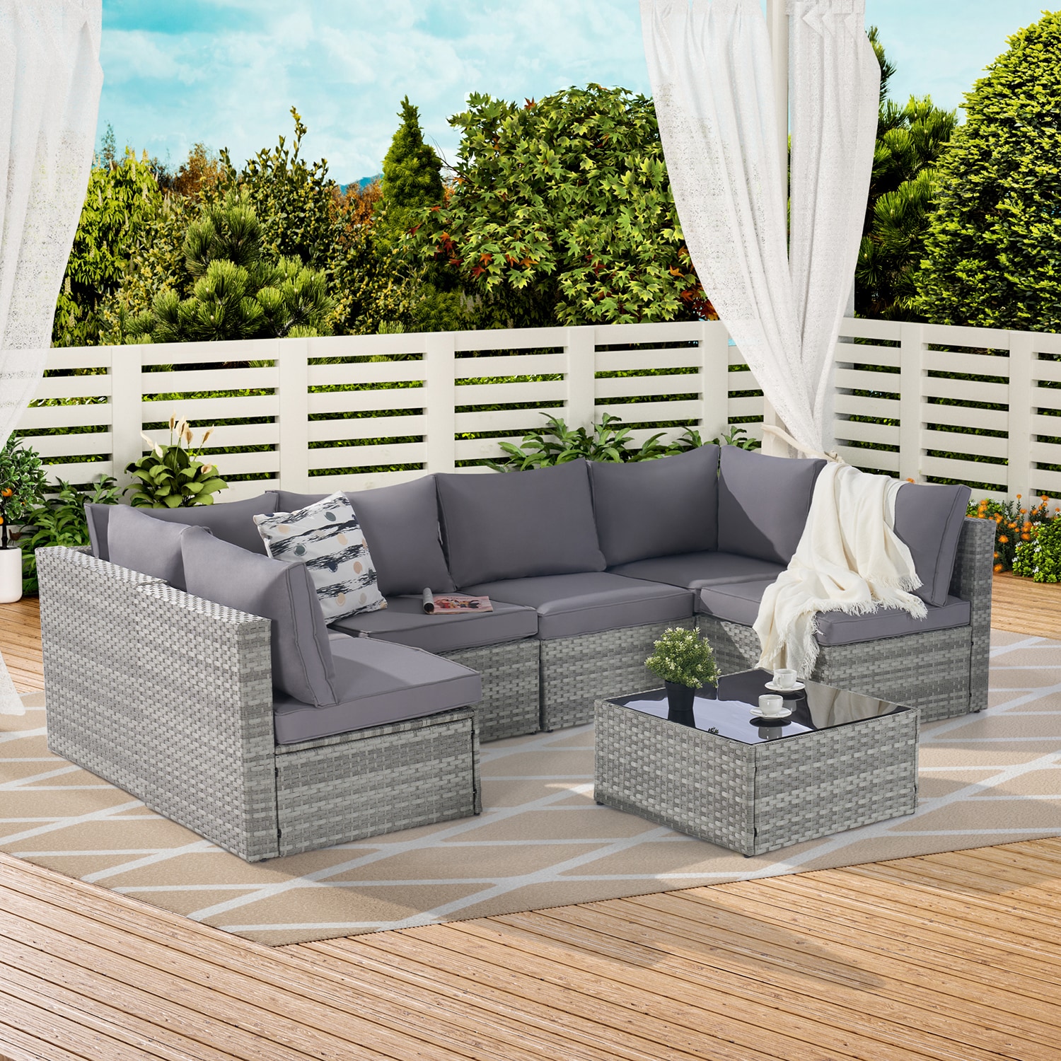 Bybafun Rattan Outdoor Sectional With Gray Cushion(S) And Rattan Frame ...