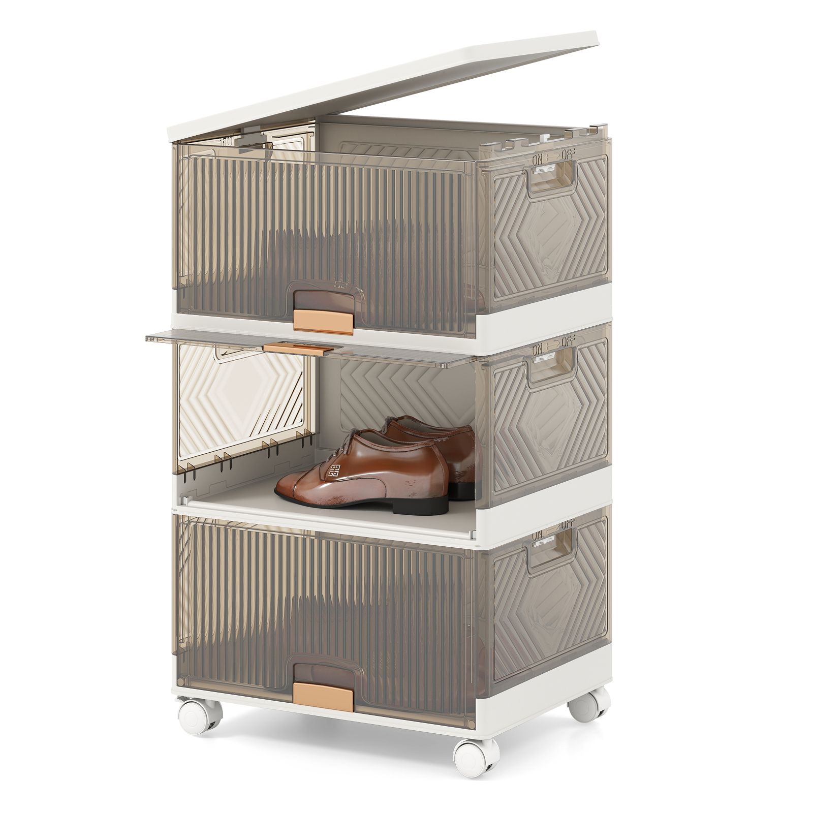 Slickblue Modular Storage Cabinet Stackable Storage Bins with Detachable Wheels for Bedroom Closet Kitchen Dorm Office White and Brown 3/4/5 Cube #D-CO-HW06321VJ