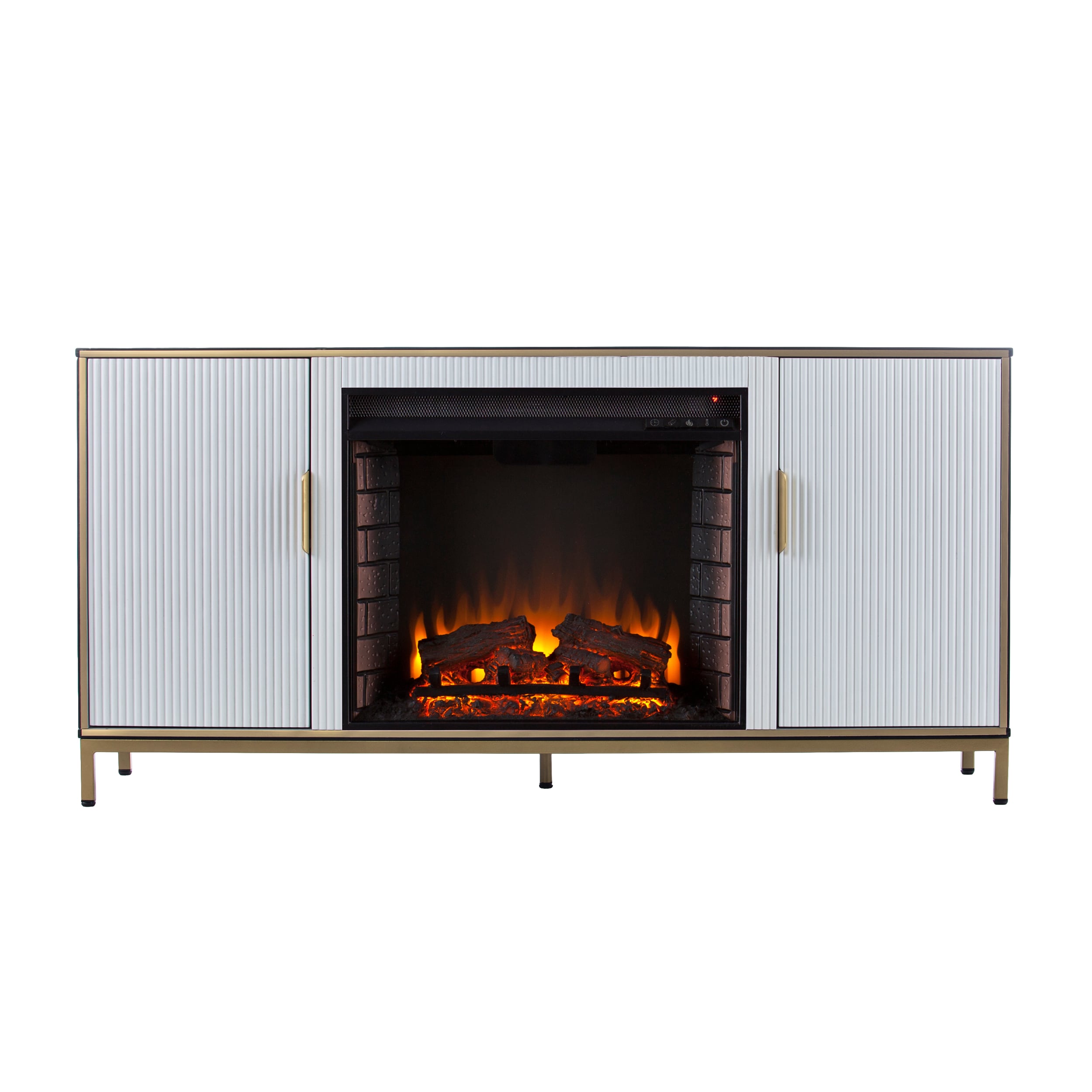 Southern Enterprises FE1217356 54-Inches W Black, white, and gold TV Stand with Fan-forced Flat wall Electric Fireplace with Remote Control Included