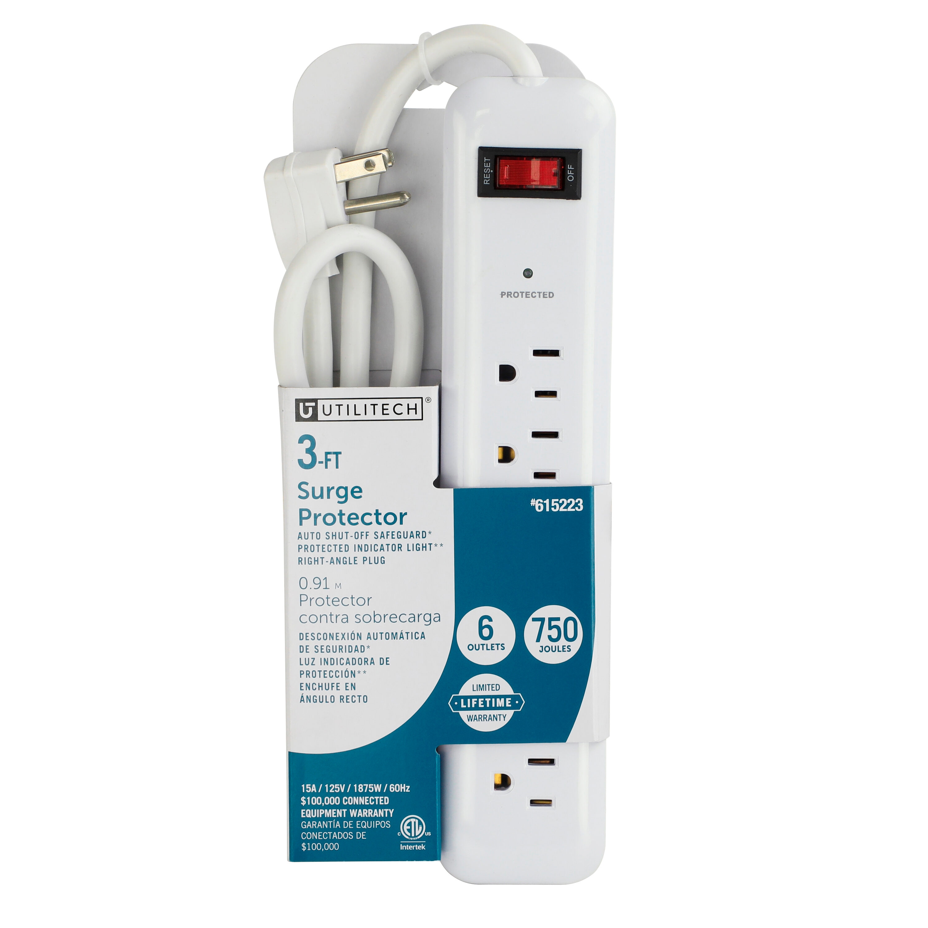 Utilitech UTPB42124 3-ft Surge Protector 6 -Outlet 750 Joules 1875 -Watts White Indoor AC Surge Protector
