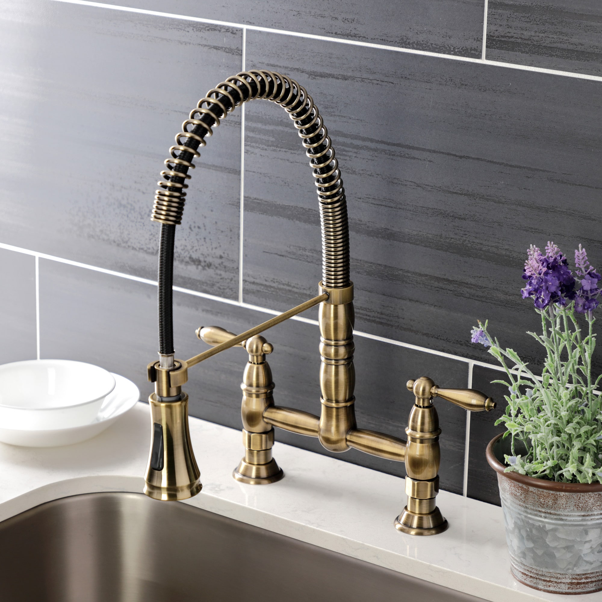 Kingston Brass WLGS1273AL Antique Brass Double Handle Deck-mount Pull-down Kitchen Faucet