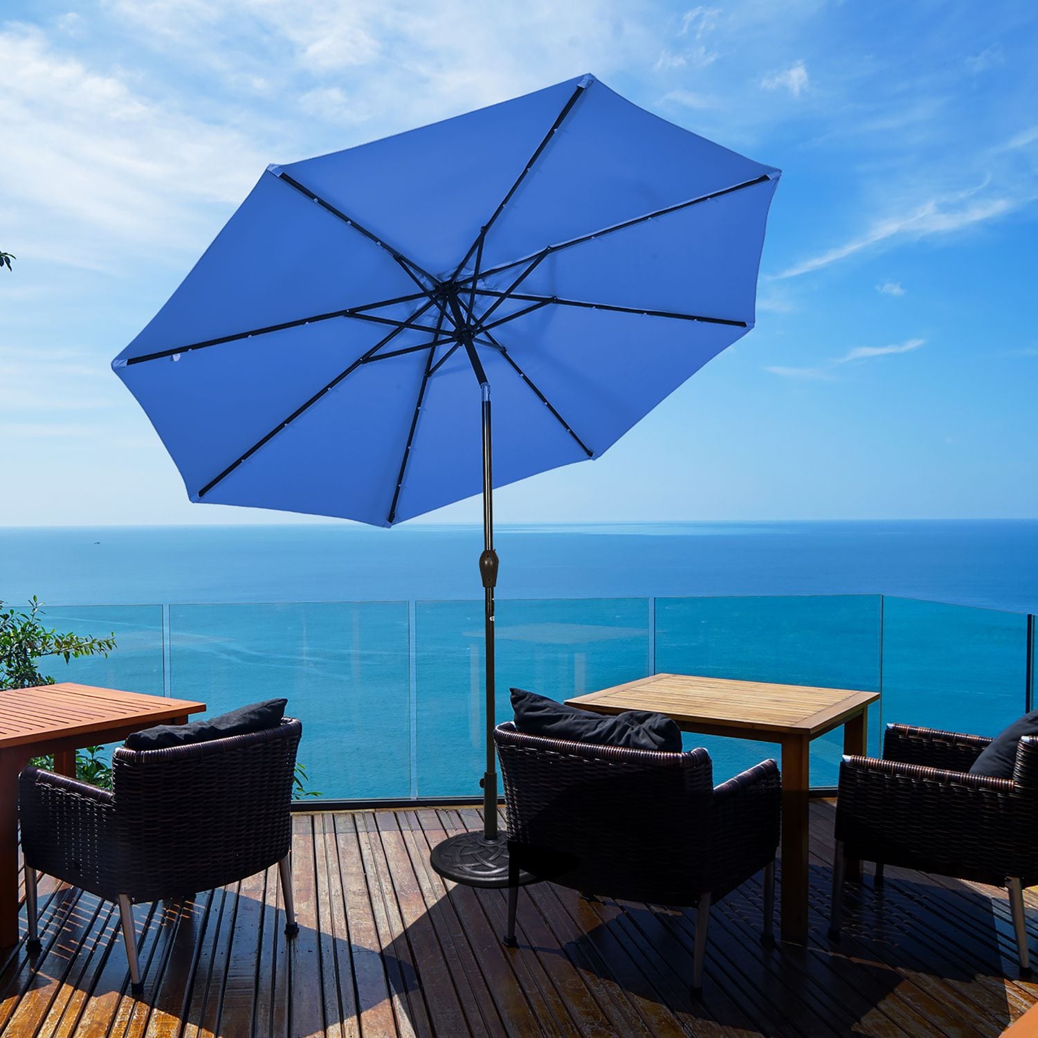 costway 10ft patio solar umbrella Costway 10FT Patio Solar Umbrella LED Patio Market Steel Tilt With Crank  Outdoor Blue New